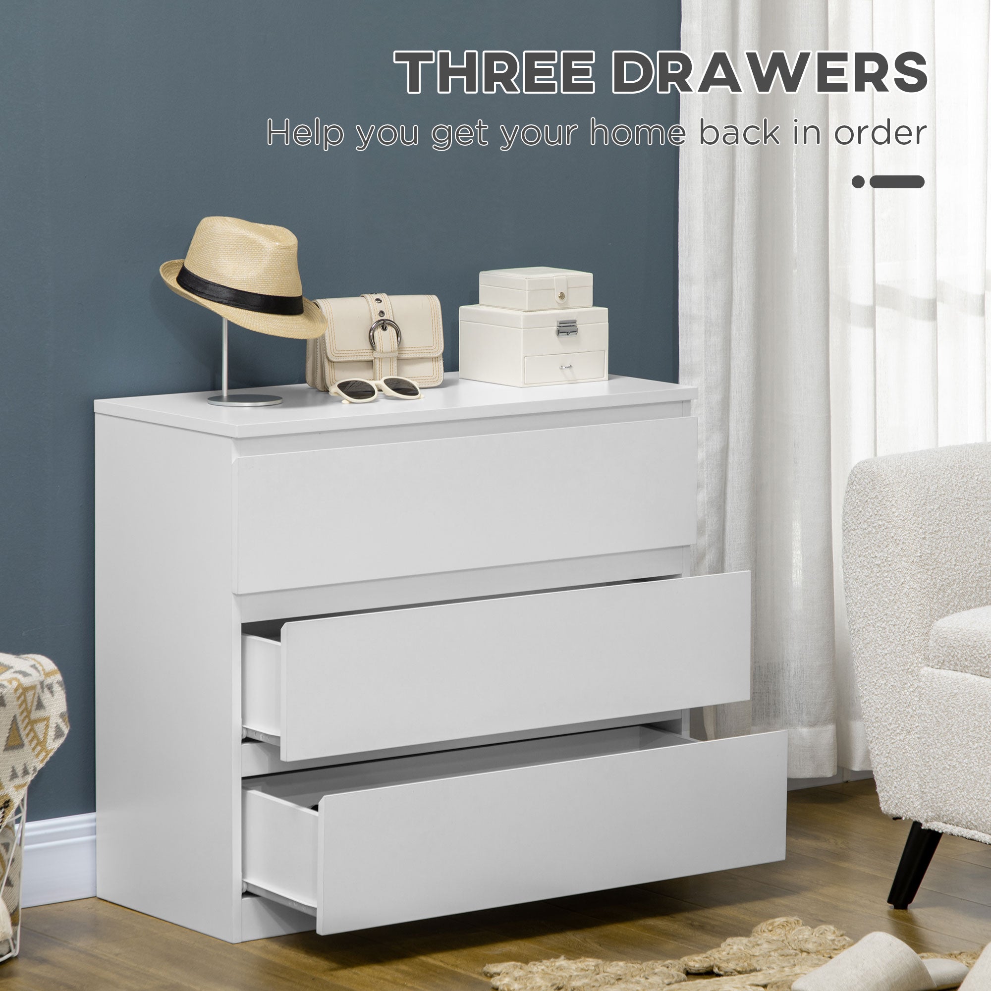HOMCOM Chest of Drawers, 3-Drawer Storage Organiser Unit for Bedroom, Living Room, White - North Peak Garden Furniture