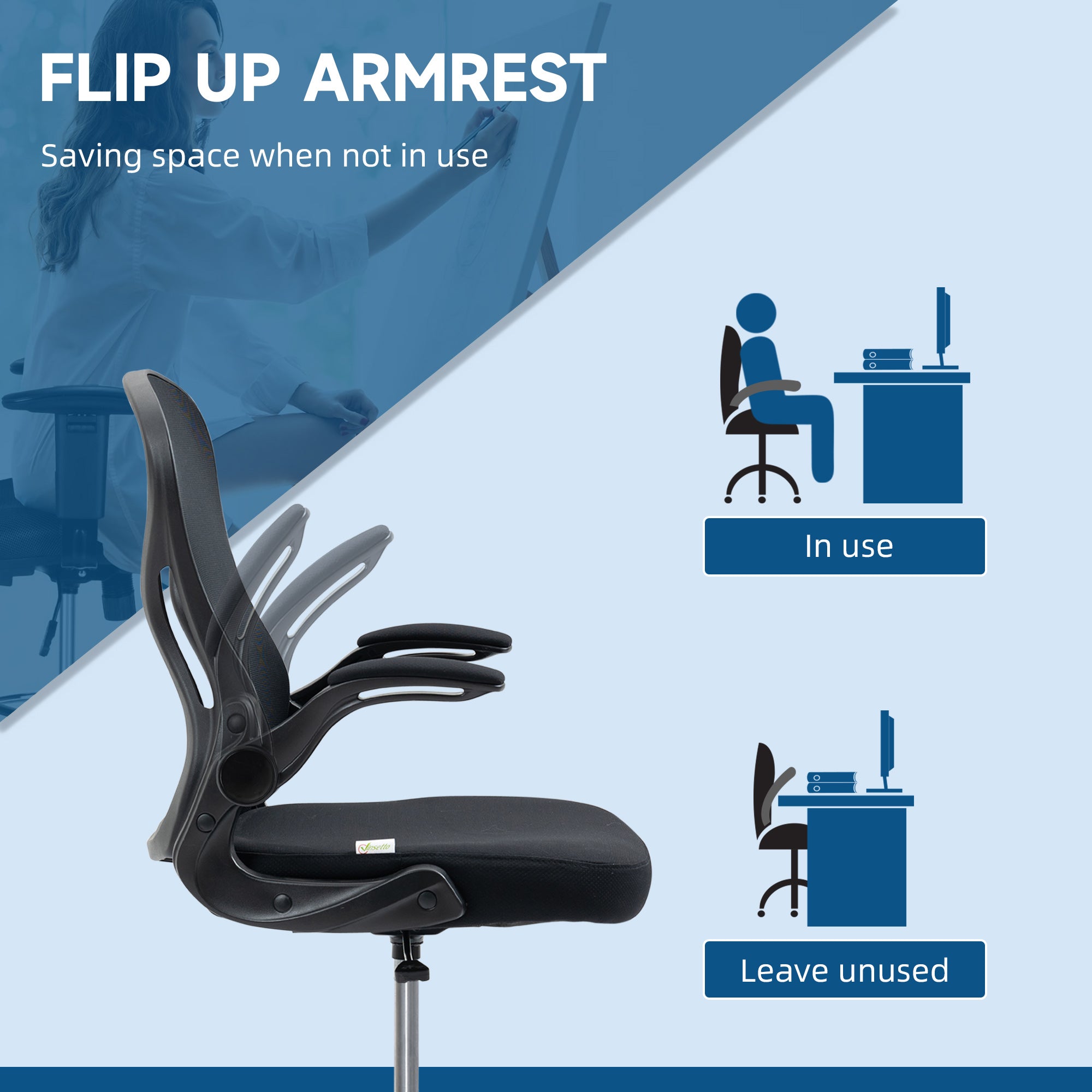Vinsetto Adjustable Mesh Standing Desk Chair with Flip-up Armrests Lumbar Support Armrests Adjustable Footrest Ring Black - North Peak Garden Furniture