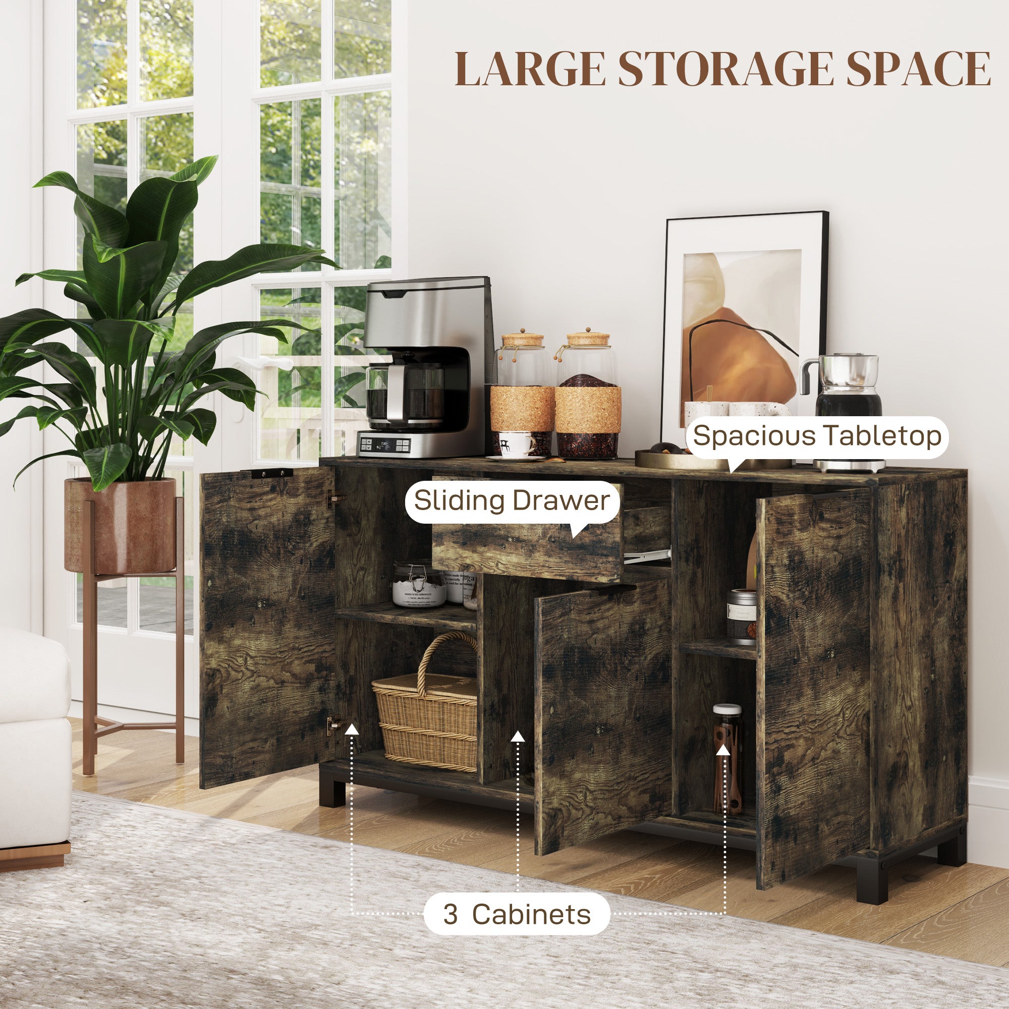 HOMCOM Sideboard, Industrial Storage Cabinet with Doors, Drawer, Cupboard and Adjustable Shelves for Living Room, Dining Room, Hallway, Rustic Brown - North Peak Garden Furniture