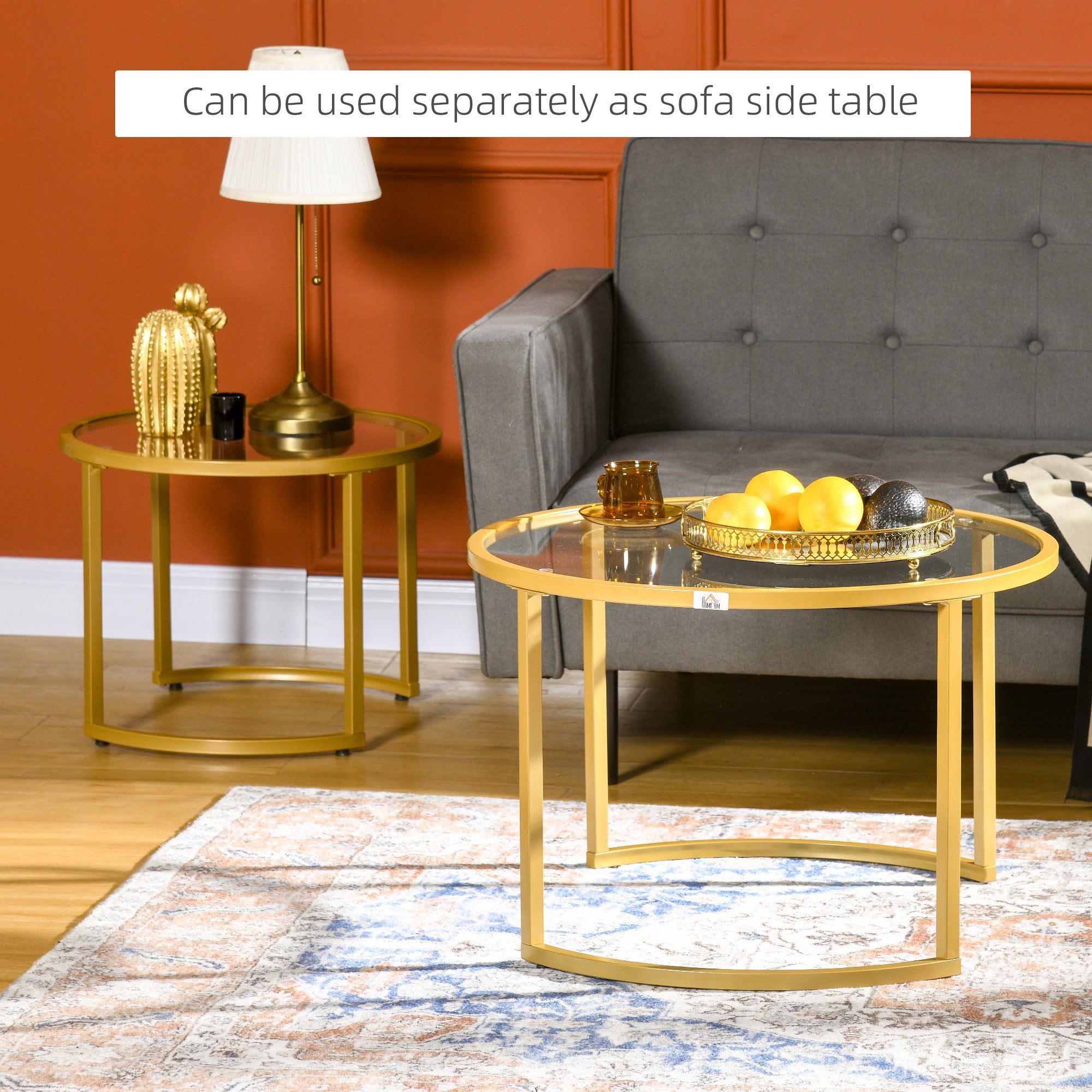HOMCOM Coffee Table Set of 2, Modern Nest of Tables with Tempered Glass Top, Steel Frame for Living Room, Gold Tone - North Peak Garden Furniture
