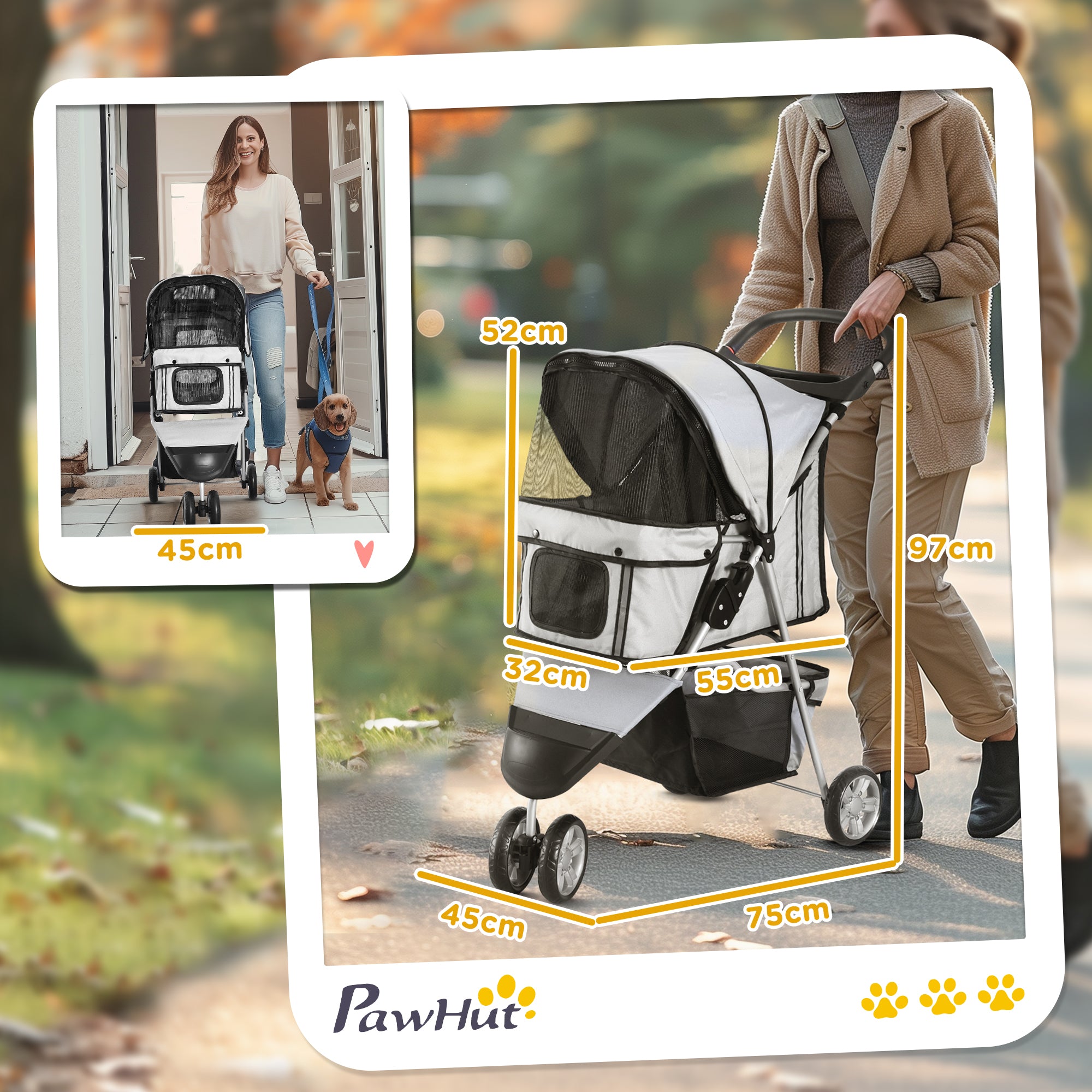 PawHut Dog Stroller, 3 Wheels Foldable Cat Dog Pram with Cup Holder, Storage Basket, Pet Stroller for Small Miniature Dogs, Grey - North Peak Garden Furniture