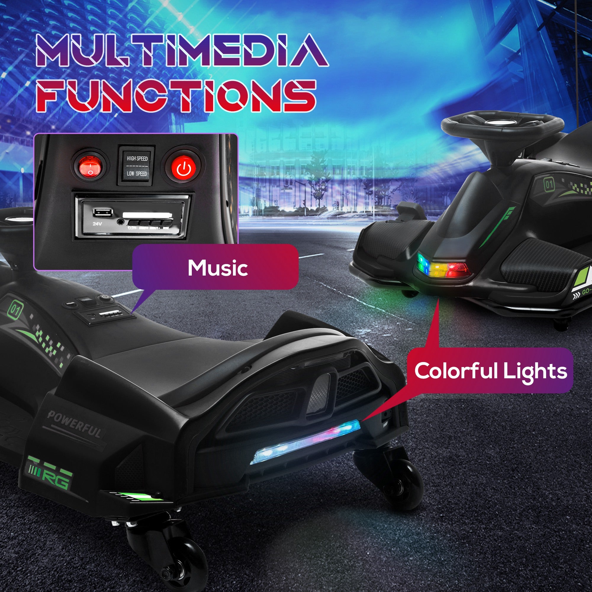 HOMCOM 12V Kids Electric Go Kart with Music, LED Lights, Slow Start, Black - North Peak Garden Furniture
