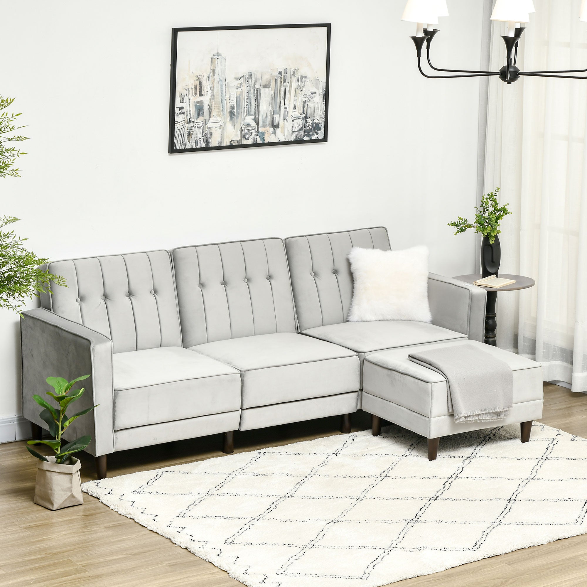 HOMCOM L Shape Sofa Bed Set with 3-Seater Sofa and Footstool, Corner Sofa Bed with Ottoman, Light Grey - North Peak Garden Furniture