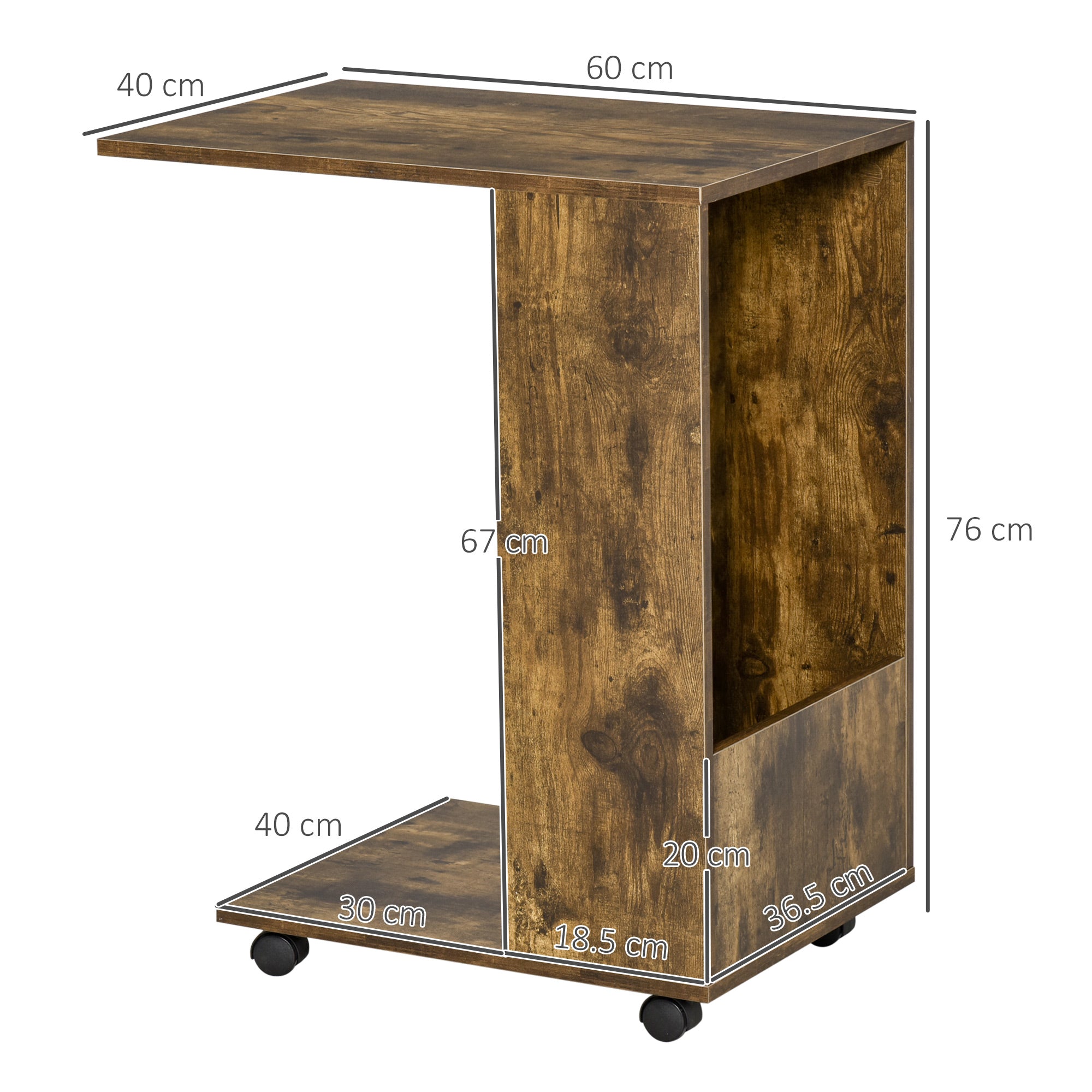 HOMCOM Mobile Sofa Side Table C-Shape End Table with Storage and Casters for Laptop Coffee Snack, Rustic Brown - North Peak Garden Furniture