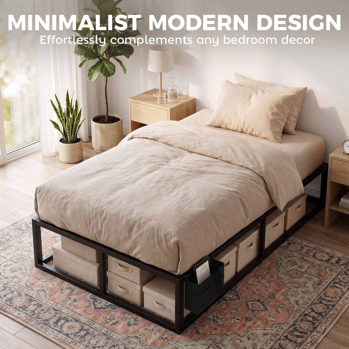 HOMCOM 12 Slats Metal Platform Bed Frame, 3ft Single Bed Frame with Storage Bag and Anti-Slip Pads, Black