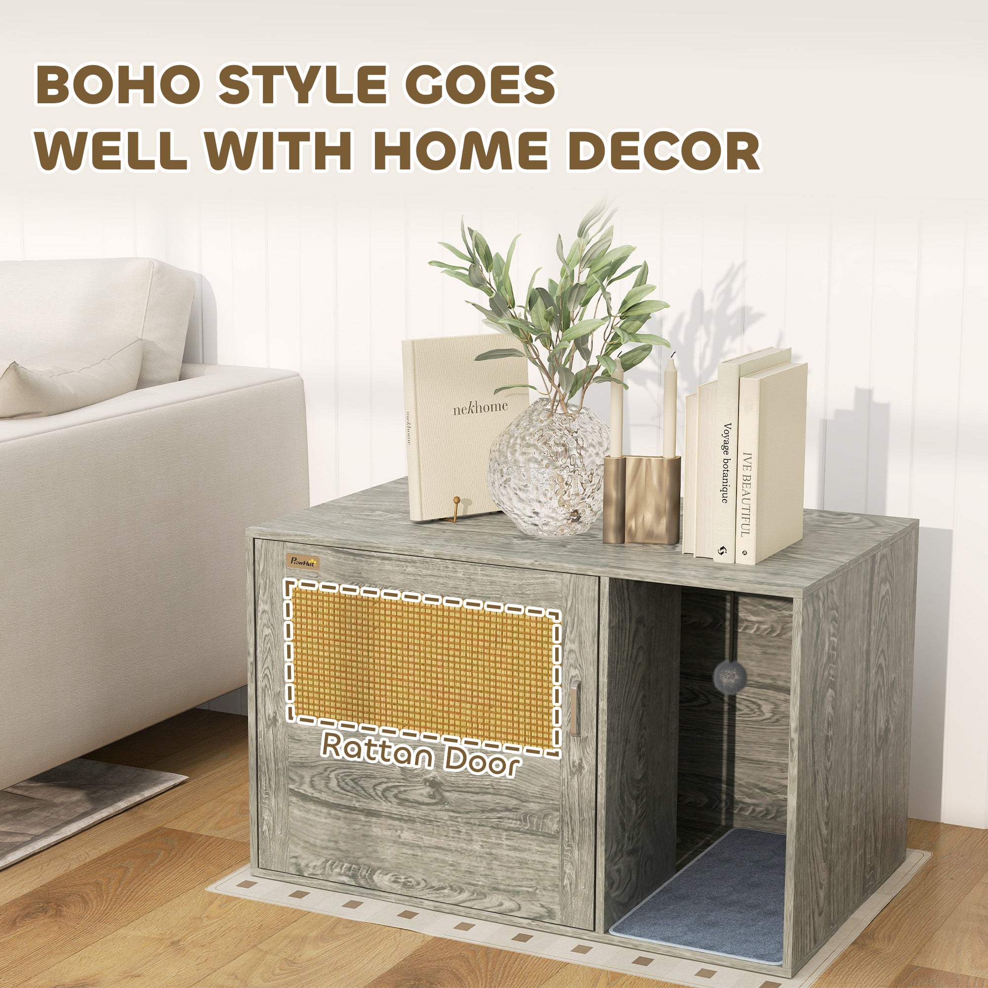PawHut Boho Style Cat Litter Box Enclosure with Rattan Door, Scratching Mat, Toy Ball, Non-slip Foot Pads, 80 x 50 x 50cm, Grey - North Peak Garden Furniture