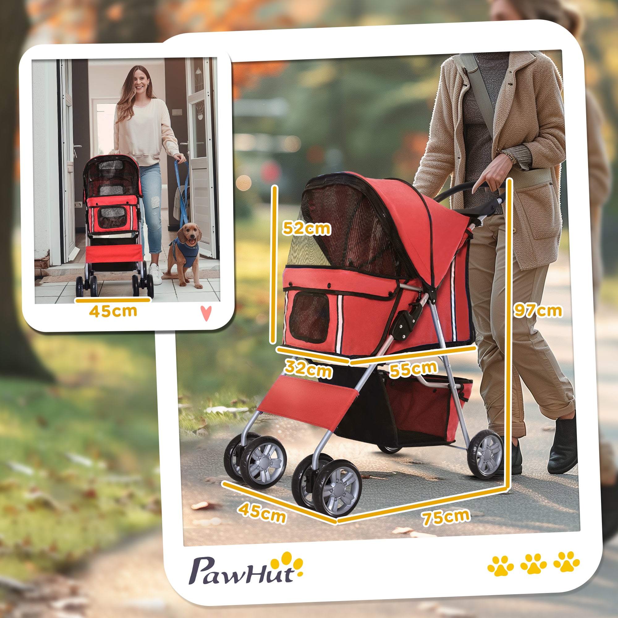PawHut Pet Stroller for Small Miniature Dogs Cats Foldable Travel Carriage with Wheels Zipper Entry Cup Holder Storage Basket Red - North Peak Garden Furniture