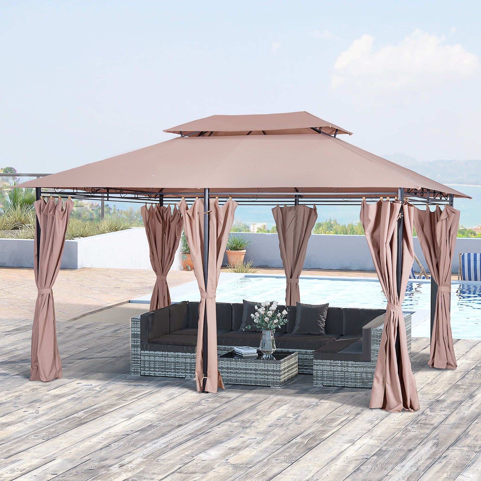 Outsunny 4m x 3(m)Garden Gazebo, Double Roof Outdoor Gazebo Canopy Shelter with Curtains, Solid Steel Frame for Lawn and Deck, Brown - North Peak Garden Furniture