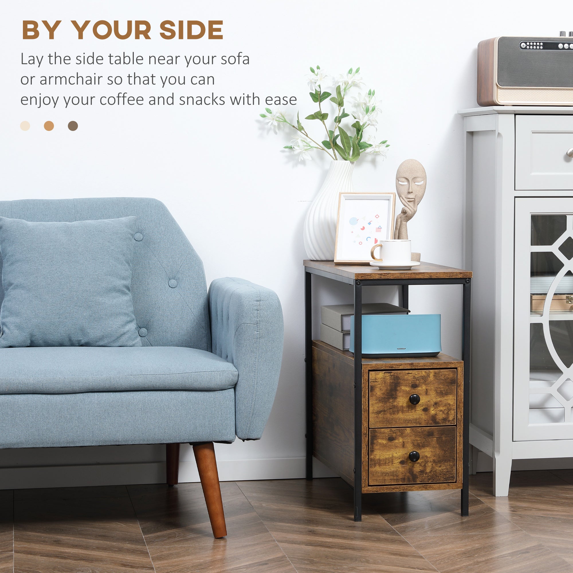 HOMCOM Side Table, Narrow Bedside Table with 2 Drawers and Storage Shelf, Industrial End Table with Metal Frame for Small Spaces, Rustic Brown - North Peak Garden Furniture