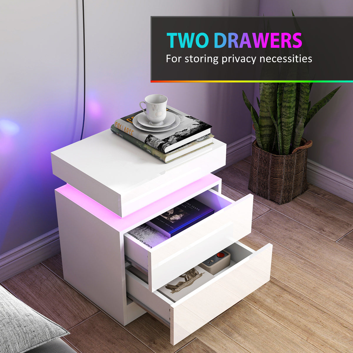HOMCOM White Bedside Table with LED Light, High Gloss Front Nightstand with 2 Drawers, for Living Room, Bedroom, Set of 2