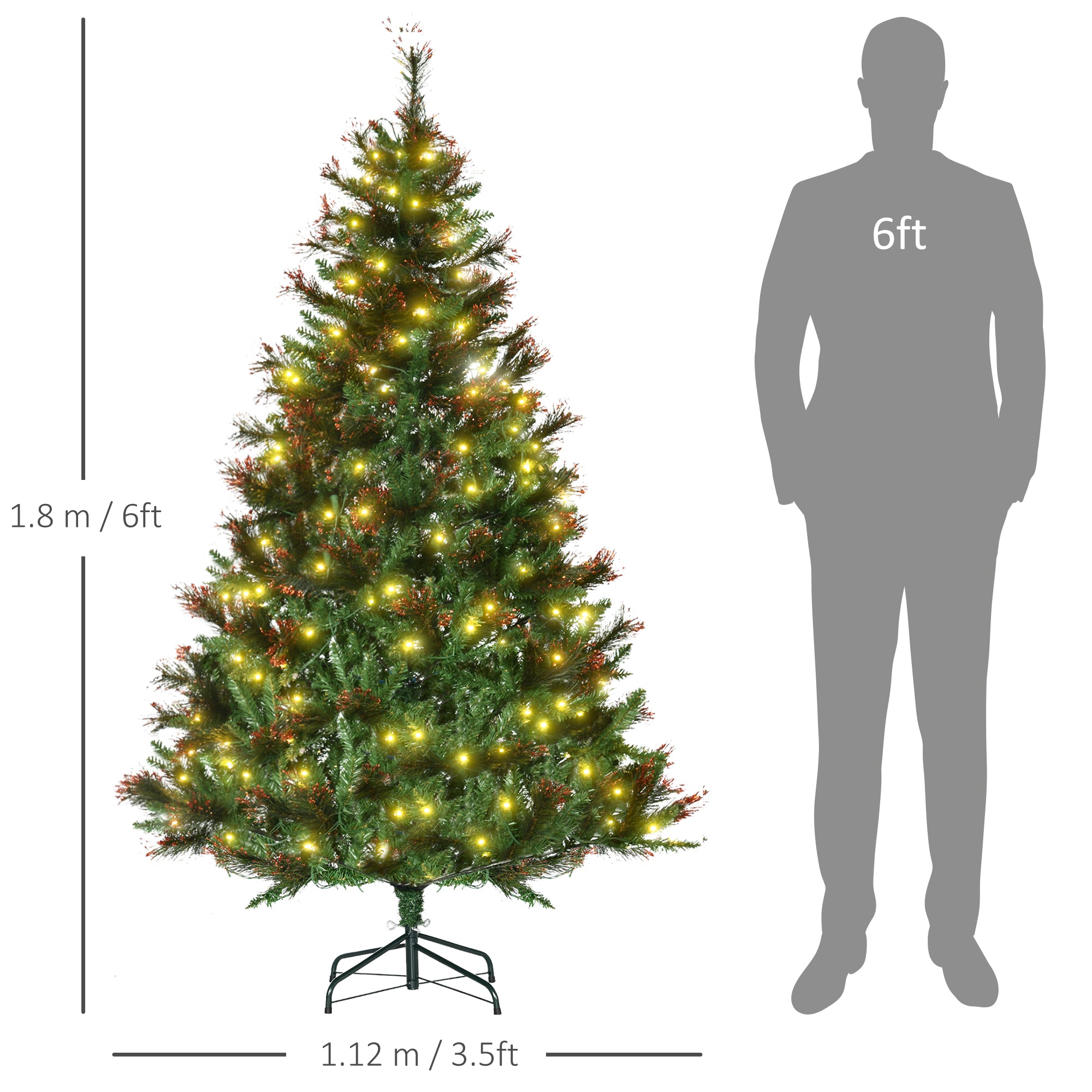 HOMCOM 1.8m 6ft Pre-Lit Christmas Tree Artificial Spruce Xmas Tree Warm White LED Holiday Décor with Metal Stand - North Peak Garden Furniture