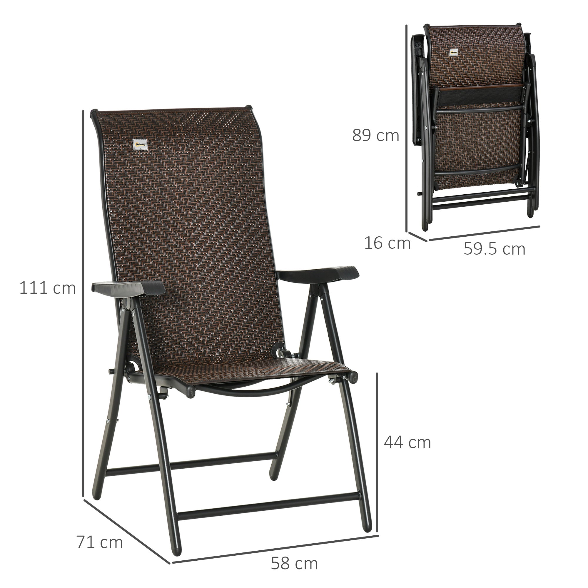 Outsunny Set of Two Folding Garden Chairs, with Seven-Position Adjustable Backs - Brown - North Peak Garden Furniture