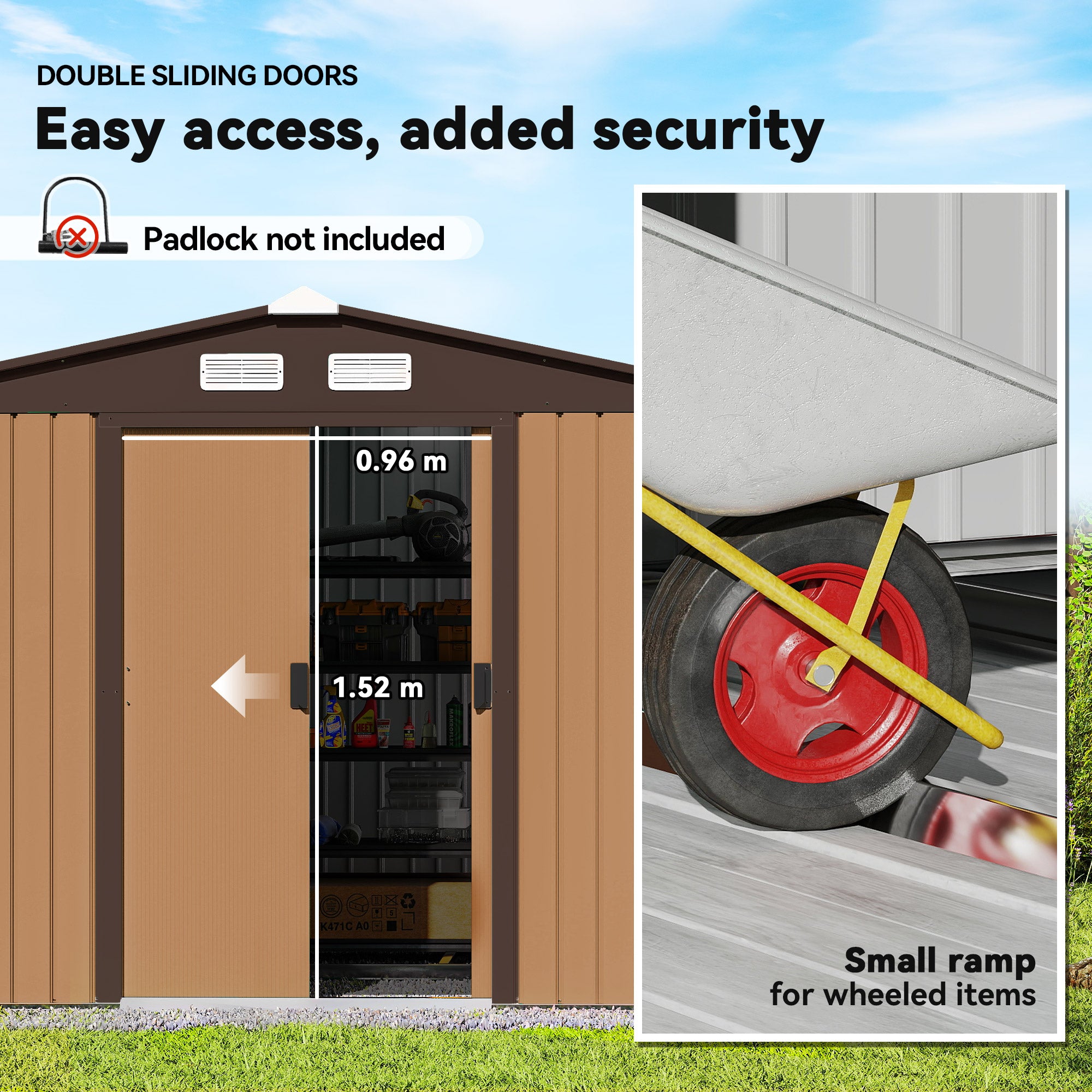 Outsunny 9 x 6ft Metal Garden Shed, Outdoor Storage Tool House with Ventilation Slots, Foundation Kit and Lockable Double Doors, Yellow