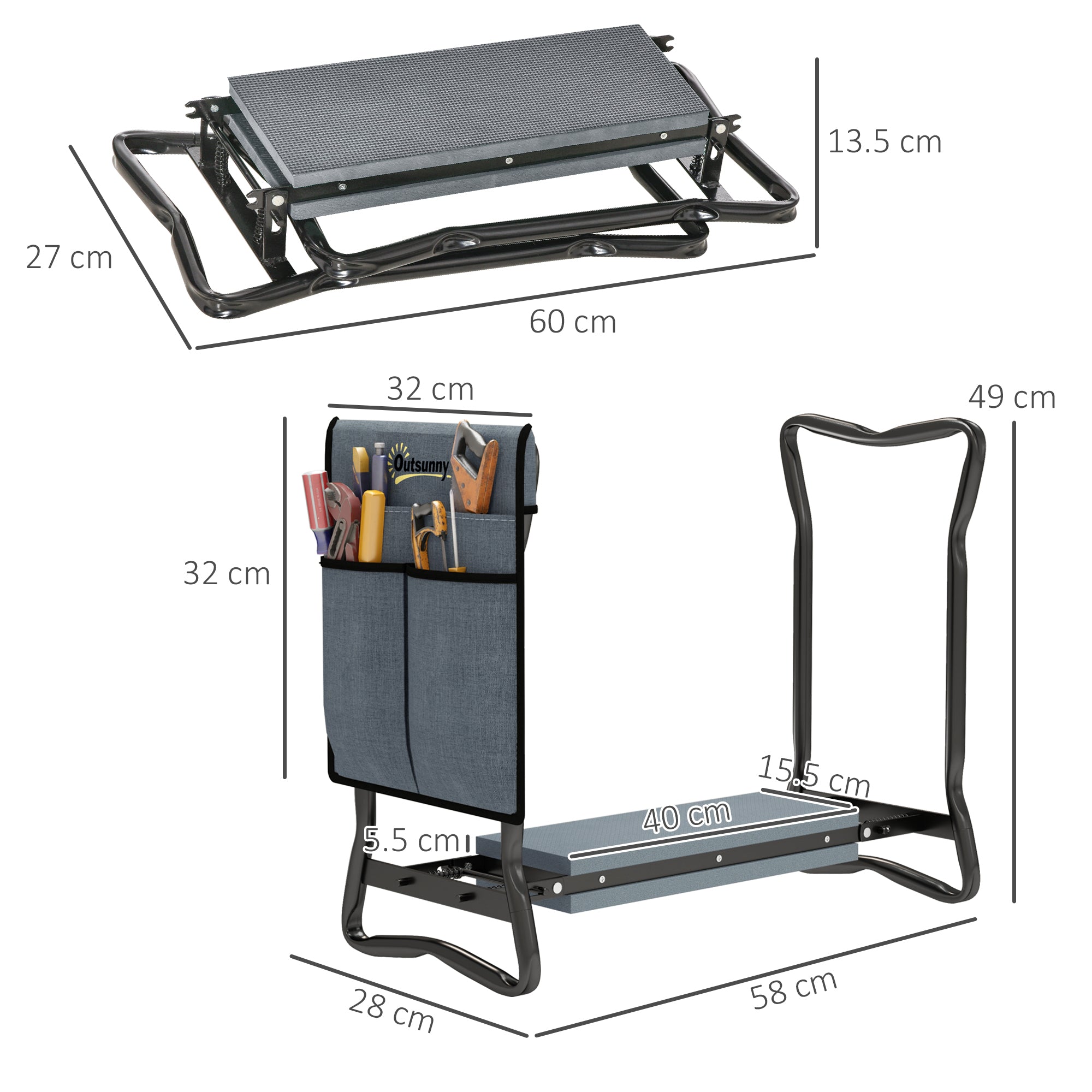 Outsunny 2 in 1 Garden Kneeler Seat, Kneeling Pad Support Bench, Foldable Knee Protector with Tool Bag, Grey