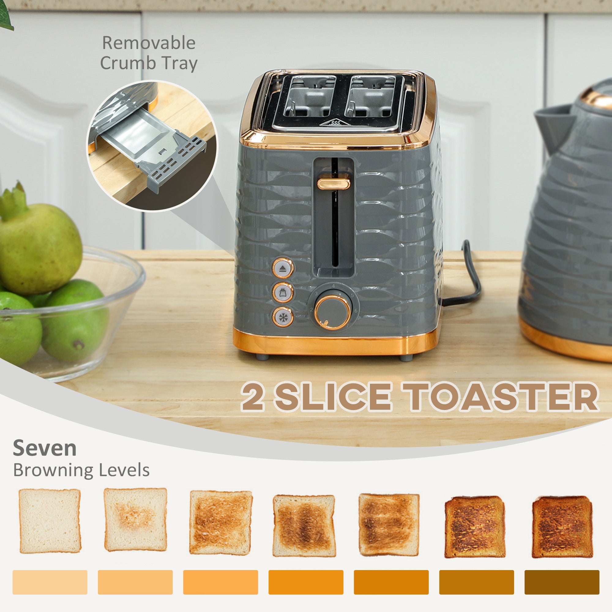 HOMCOM 3000W 1.7L Rapid Boil Kettle & 2 Slice Toaster, Kettle and Toaster Set with 7 Browning Controls and Crumb Tray, Grey - North Peak Garden Furniture