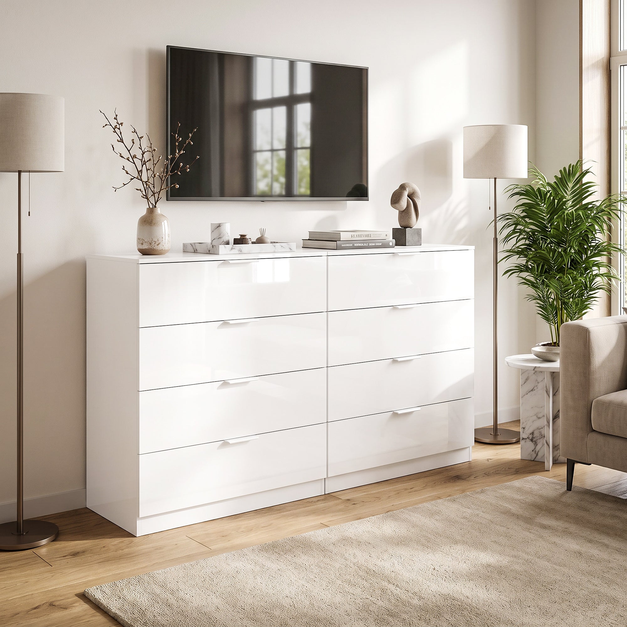 HOMCOM High Gloss 4-Drawer Chest of Drawers, Space-Saving Bedroom Storage Unit with Smooth Runners, White
