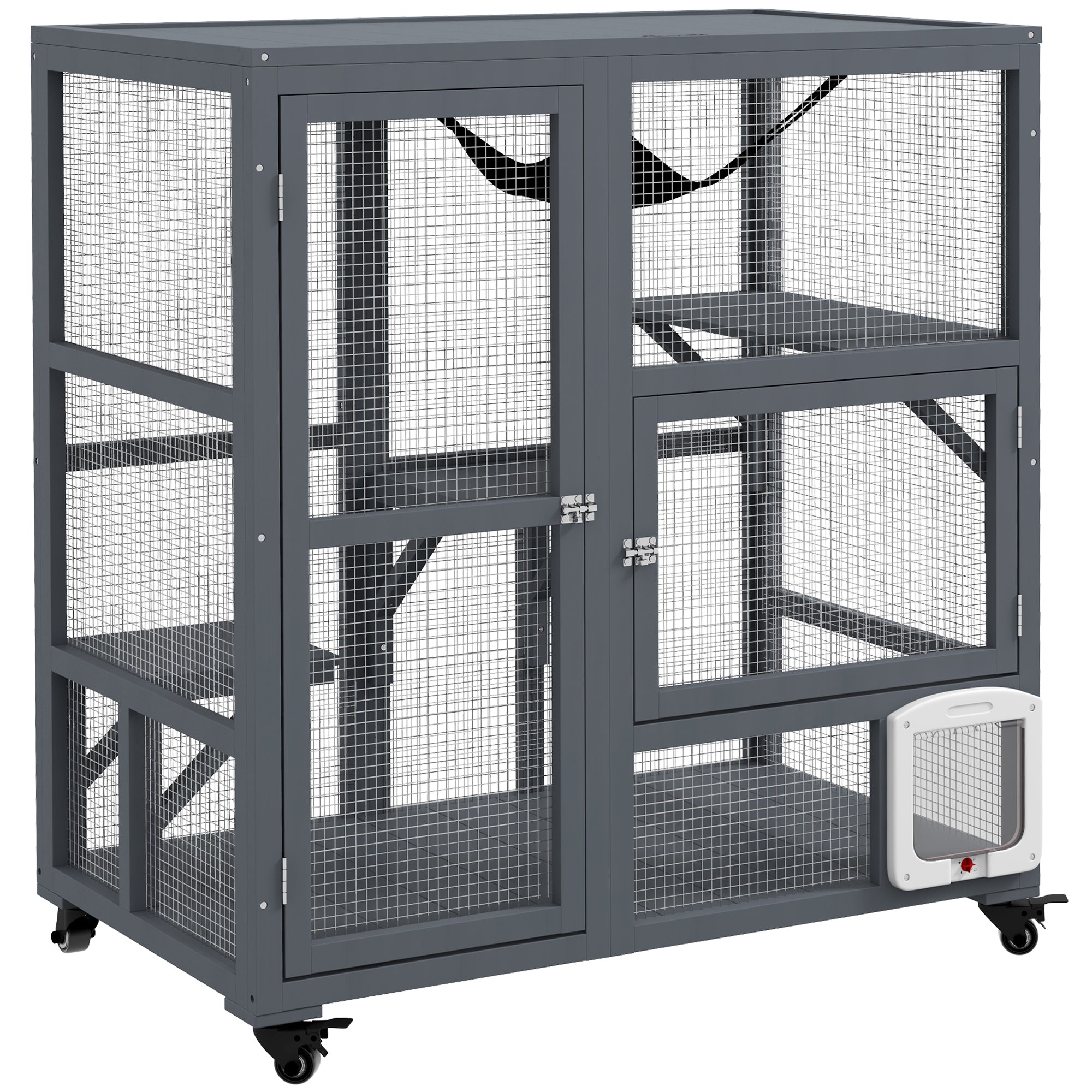 PawHut Cat House, Wooden Outdoor Catio Cat Enclosure on Wheels, Wooden Kitty Cage with Platforms, Hammock, Light Grey - North Peak Garden Furniture