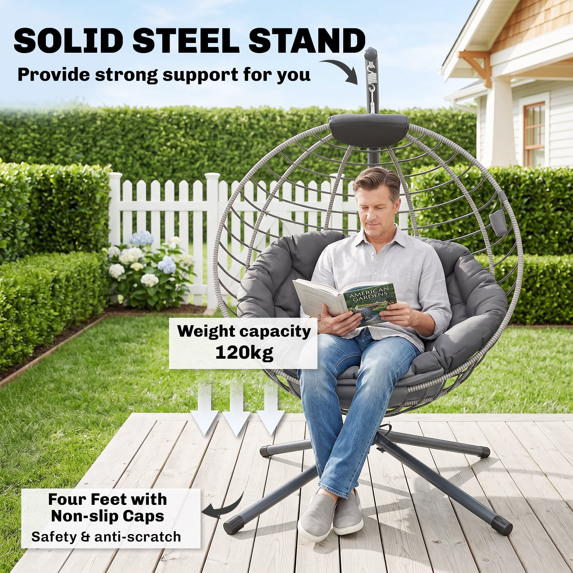 Outsunny PE Rattan Swing Chair, Outdoor Hanging Chair with Metal Stand, Thick Padded Cushion, Foldable Basket and Cup Holder, for Indoor and Outdoor, Grey