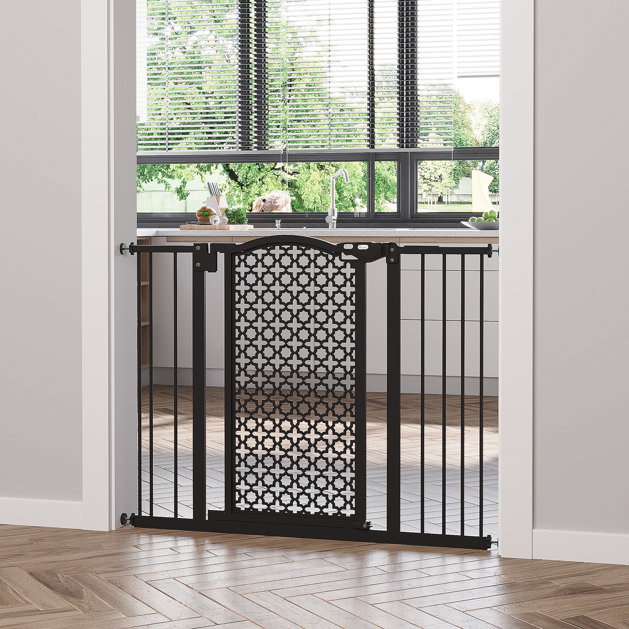 PawHut 74-105cm Pet Safety Gate Stair Barrier, with Auto Close, Double Locking - Black - North Peak Garden Furniture