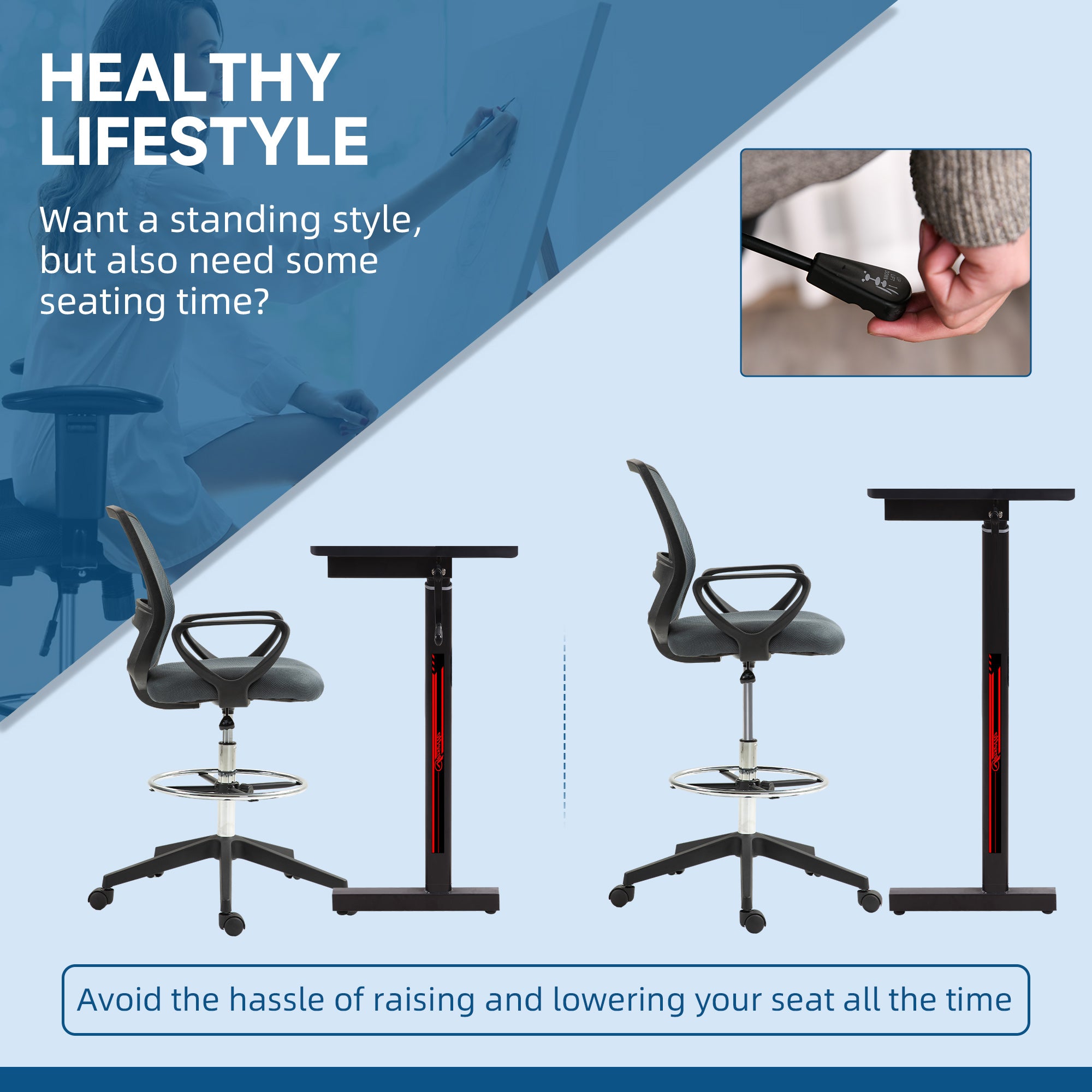 Vinsetto Ergonomic Mesh Back Drafting Chair Draughtsman Chair with Adjustable Height, Grey - North Peak Garden Furniture