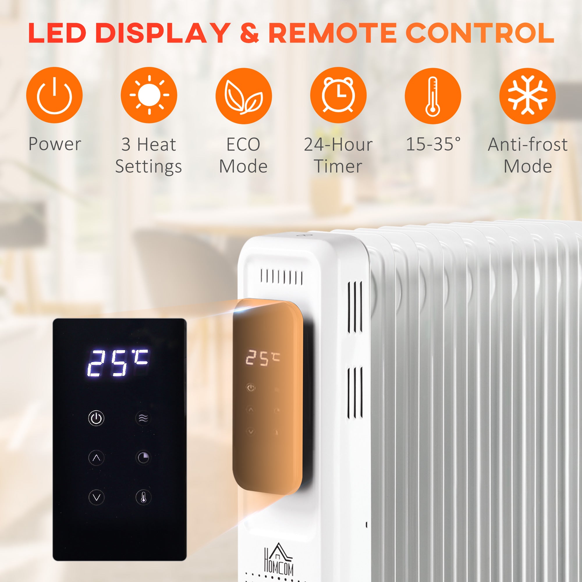 HOMCOM 2000W Oil Filled Radiator, 9 Fin Portable Electric Heater with LED Display, 24H Timer, 3 Heat Settings, Adjustable Thermostat, Safety Cut off, Remote Control, White - North Peak Garden Furniture