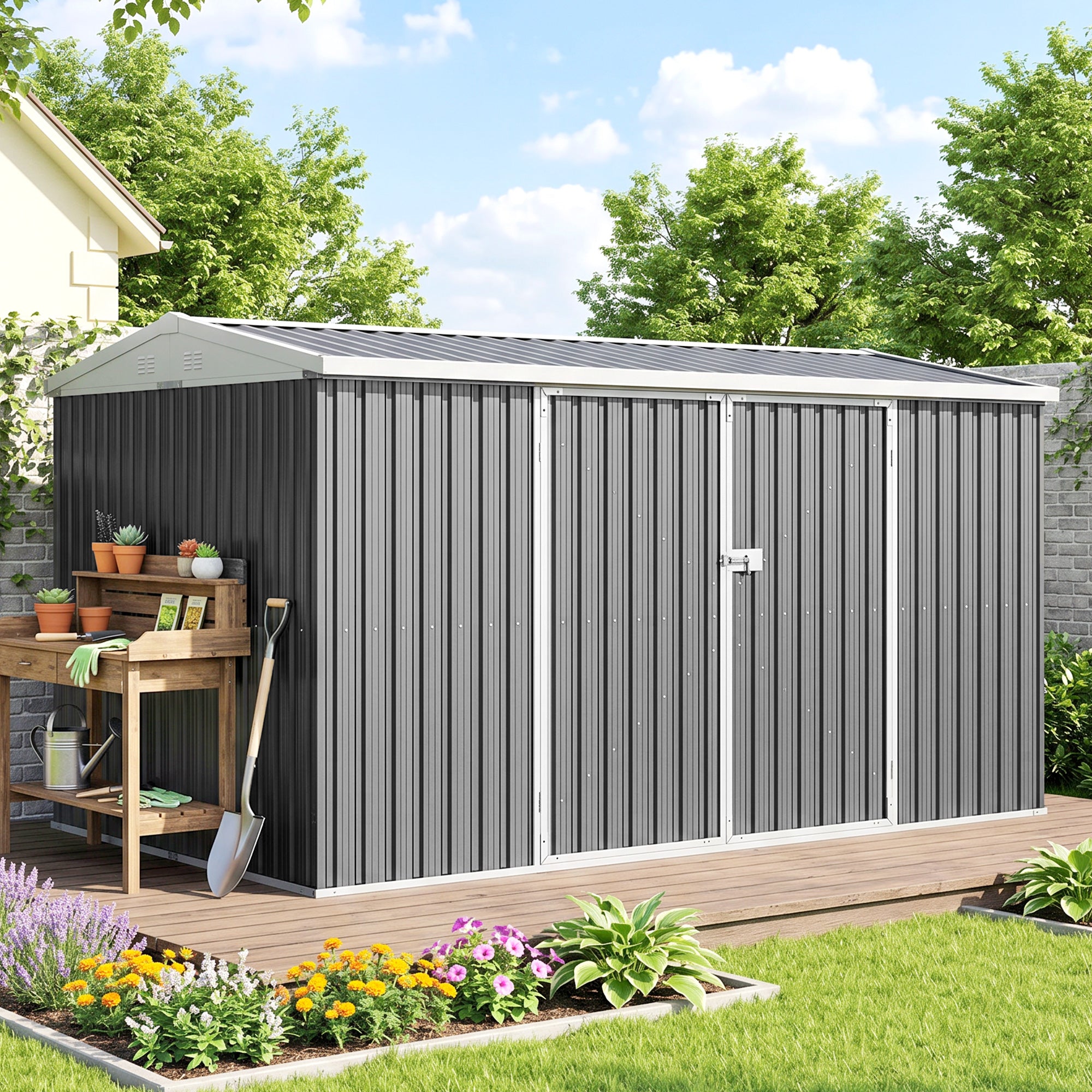 Outsunny 14 x 8ft Outdoor Garden Metal Storage Shed with Lockable Door, Tool Storage Box for Garden, Patio and Lawn, Grey