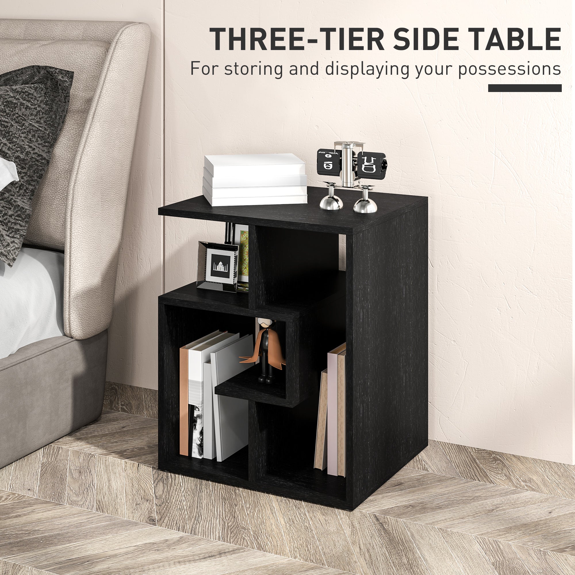 HOMCOM Side Table, 3 Tier End Table with Open Storage Shelves for Living Room, Bedroom, Black - North Peak Garden Furniture