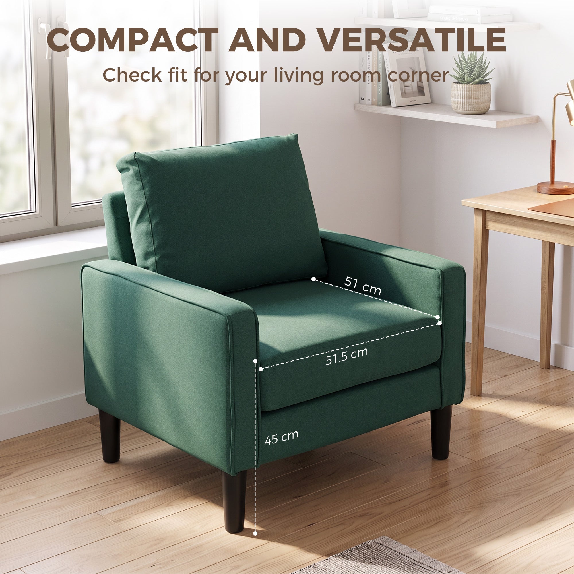 HOMCOM Accent Chair, Removable Pillow Linen Armchair with Comfy Spring Cushion for Living Room, Bedroom, Study, Dark Green