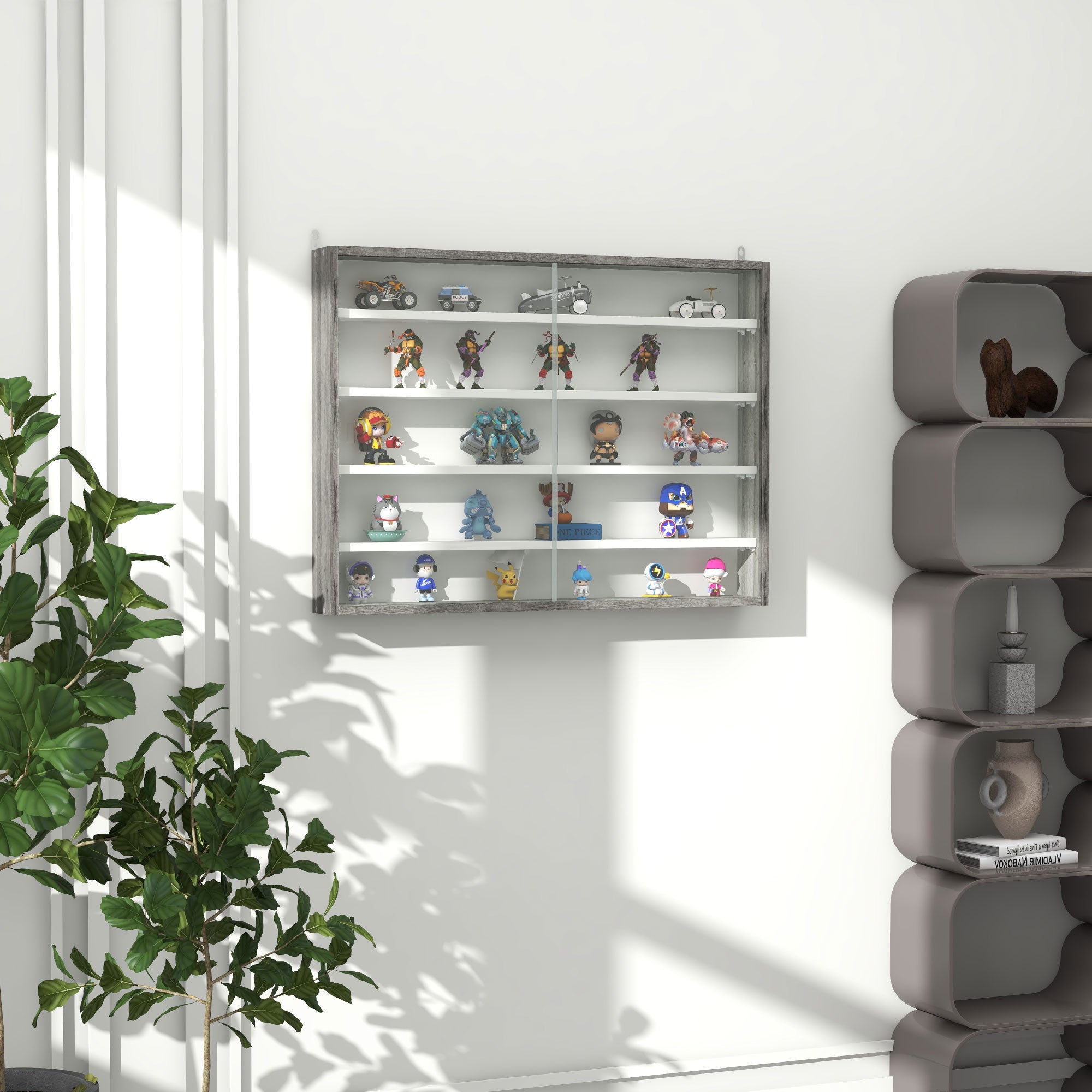 HOMCOM 5-Tier Wall Display Shelf Unit Cabinet w/ 4 Adjustable Shelves Glass Doors Home Office Ornaments 60x80cm Grey Wood Grain - North Peak Garden Furniture