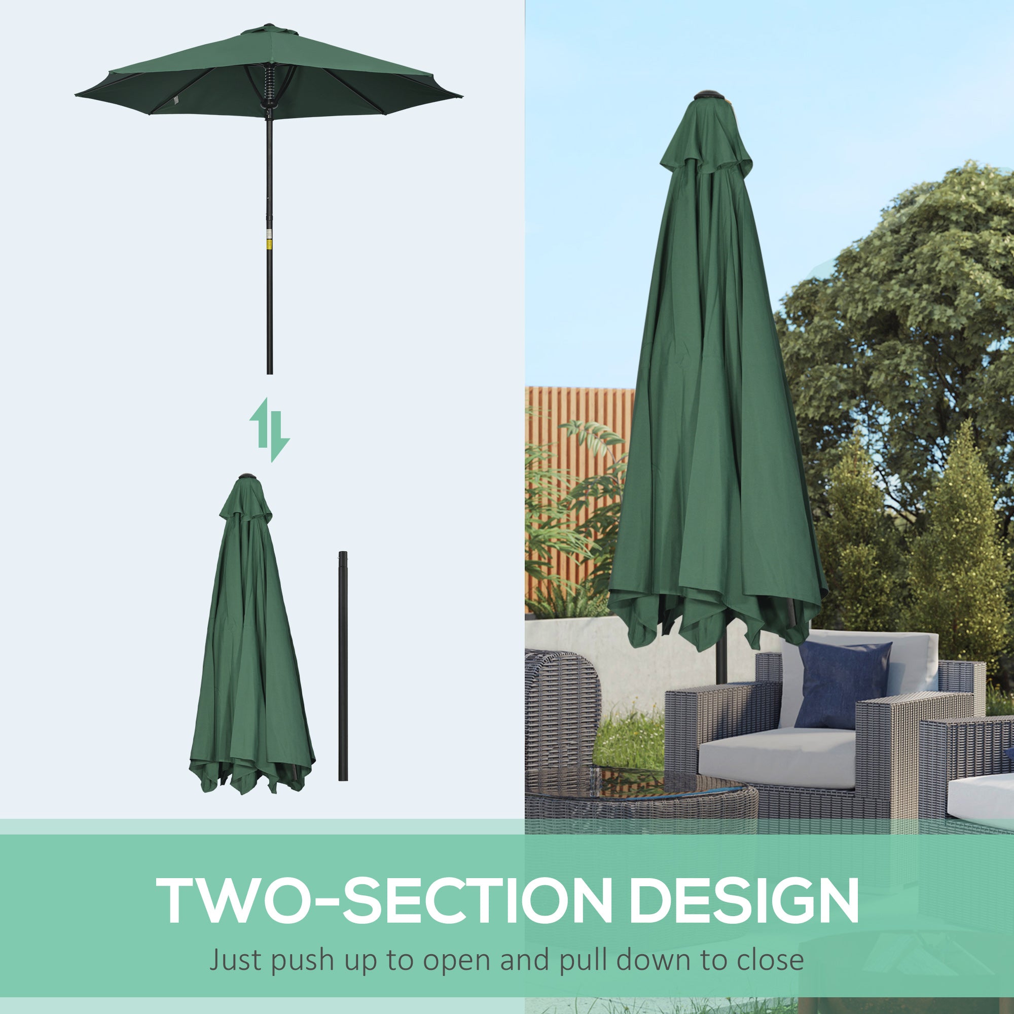 Outsunny Garden 3(m) Parasol Umbrella, Outdoor Market Table Umbrella Sun Shade Canopy with 8 Ribs, Easy Push to Open, Green - North Peak Garden Furniture