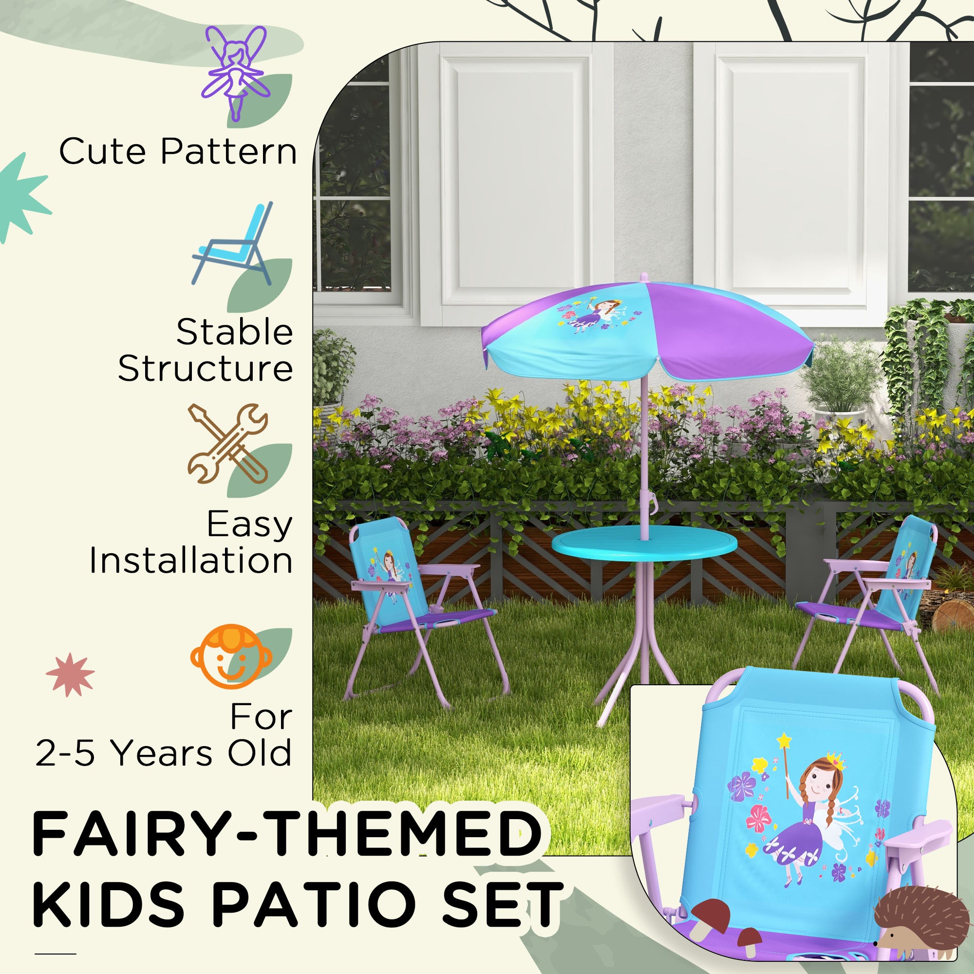 Outsunny Kids Picnic Table and Chair Set, Fairy Themed Outdoor Garden Furniture w/ Foldable Chairs, Adjustable Parasol