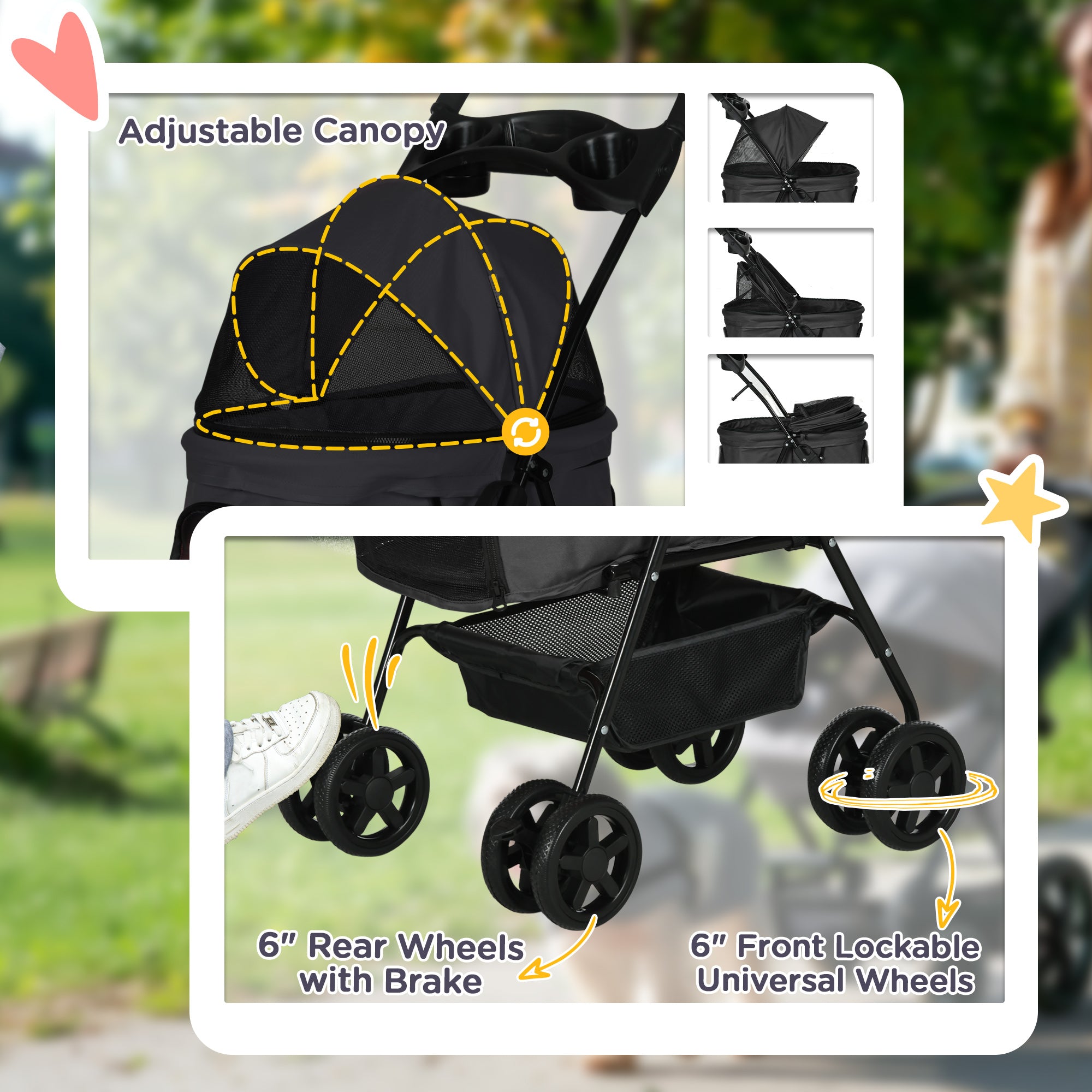 PawHut Dog Pram Dog Stroller Foldable Pet Pushchair with 4 Wheels, Safety Leashes, Cup Holder for Small Dogs, Black