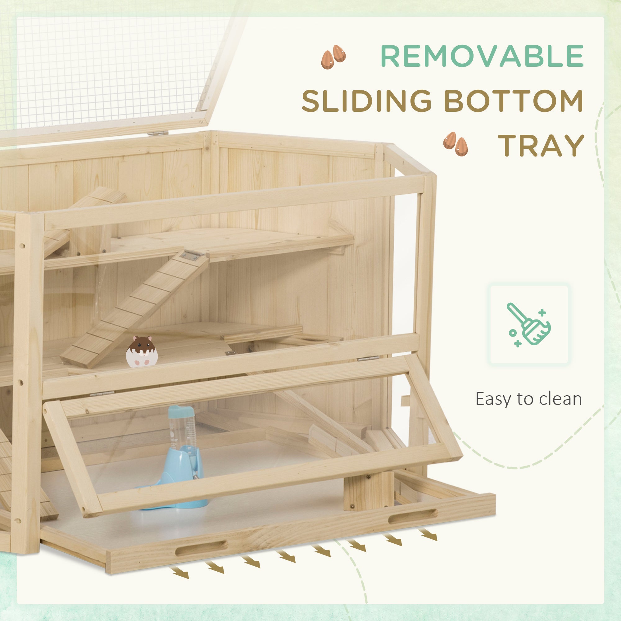 PawHut Wooden Large Hamster Cage Small Animal Exercise Play House 3 Tier with Sliding Tray, Seesaws, Water Bottle, Natural - North Peak Garden Furniture