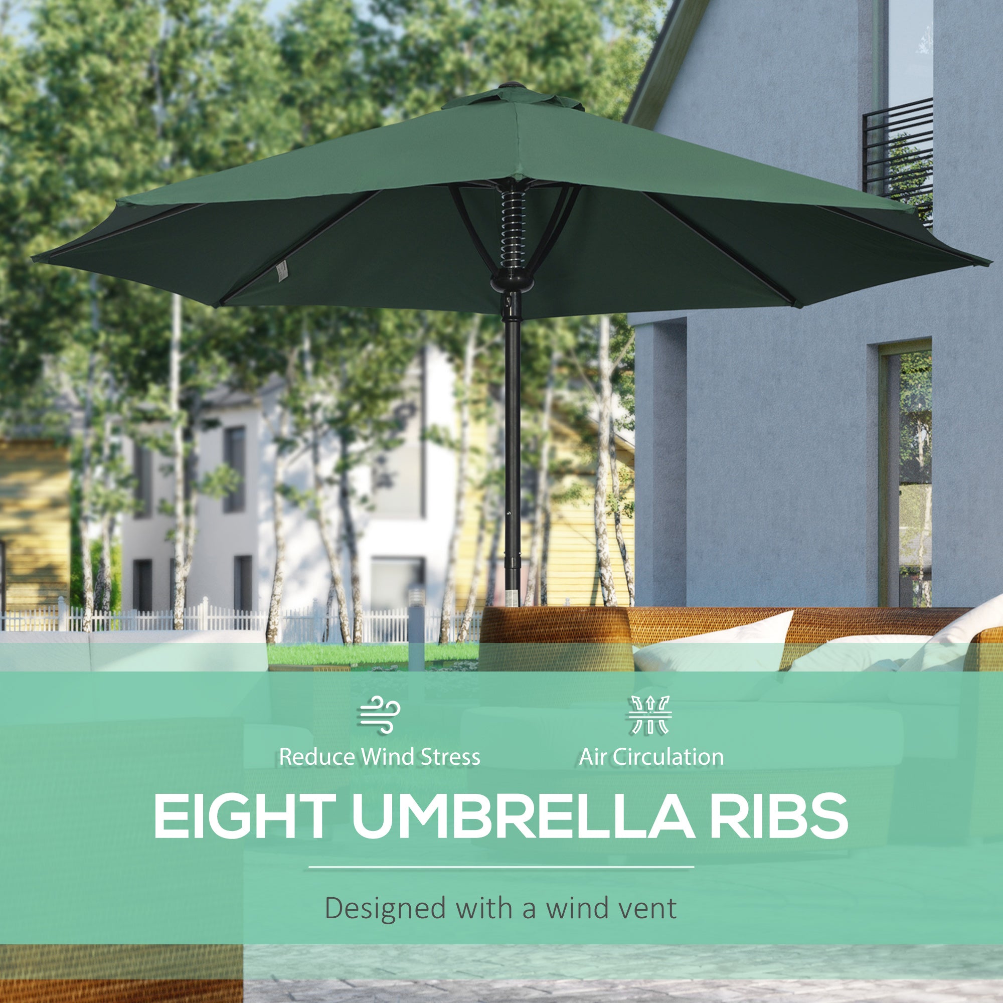 Outsunny Garden 3(m) Parasol Umbrella, Outdoor Market Table Umbrella Sun Shade Canopy with 8 Ribs, Easy Push to Open, Green - North Peak Garden Furniture