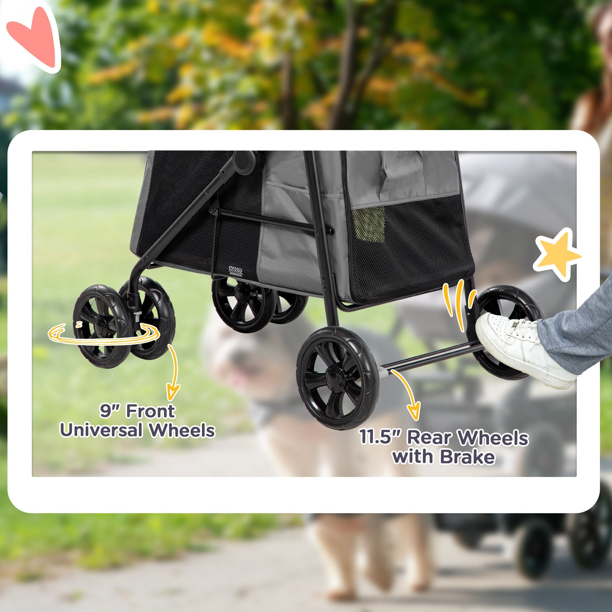 PawHut Foldable Pet Stroller One Click Dog Pushchair Cat Travel Carriage w/ EVA Wheels, Mesh Windows for Small Pets, Grey