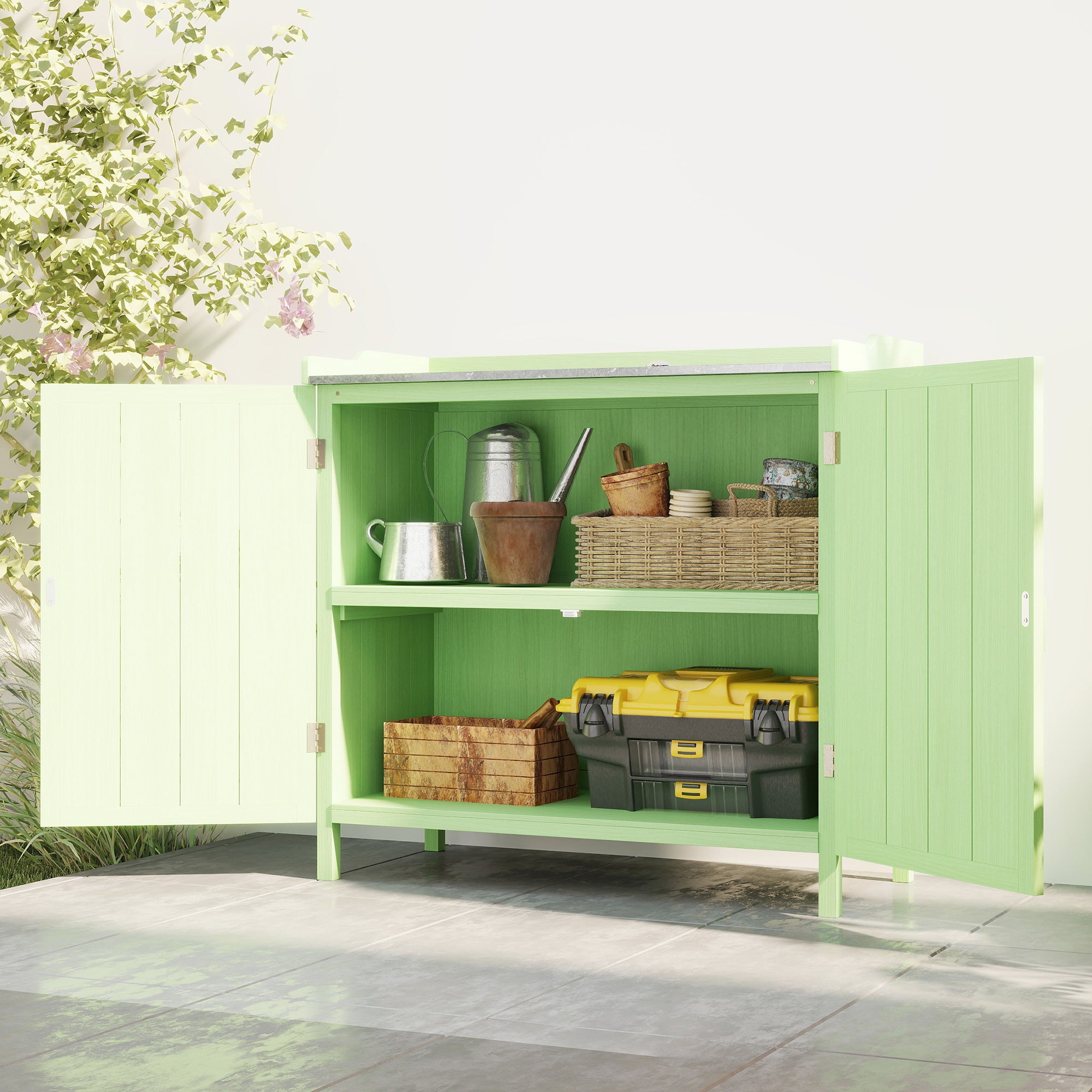 Outsunny Wood Garden Storage Cabinet, Outdoor Tool Shed, Potting Bench Table with galvanised Top and Two Shelves for garden Tools or Pool Accessories, Green