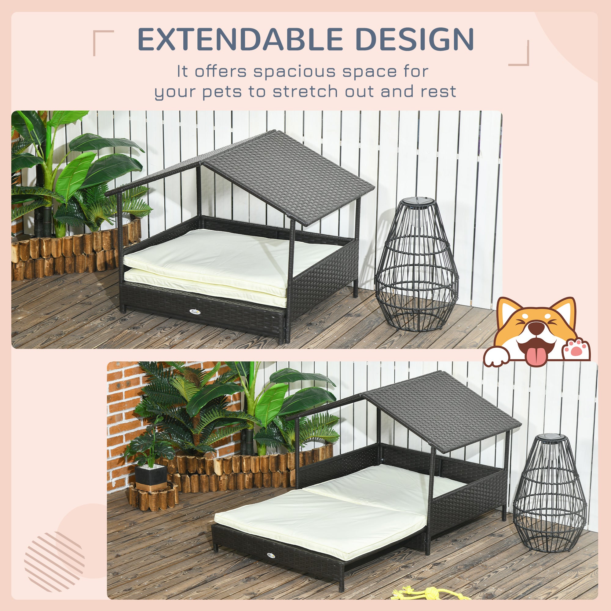 PawHut Extendable Elevated Dog Bed, Rattan Dog House, with Water-Resistant Roof, Removable Cushion, for Small, Medium Dogs - North Peak Garden Furniture