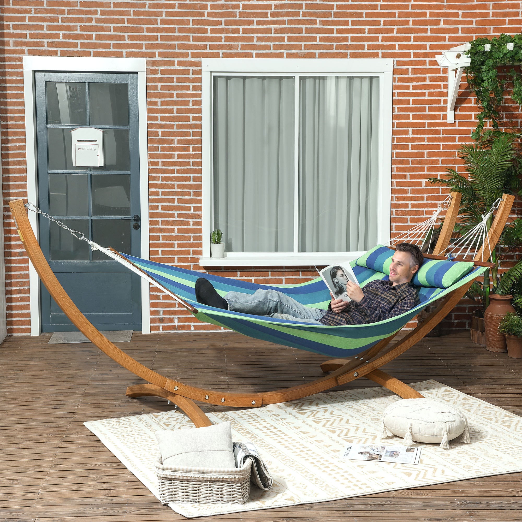 Outsunny Outdoor Hammock with Stand, Garden Hammock with Triple-Head Eucalyptus Wood Arc Frame, 1 Person Cotton Bed and Head Pillow, Freestanding Garden Swing Bed for Patio, Blue Stripe - North Peak Garden Furniture