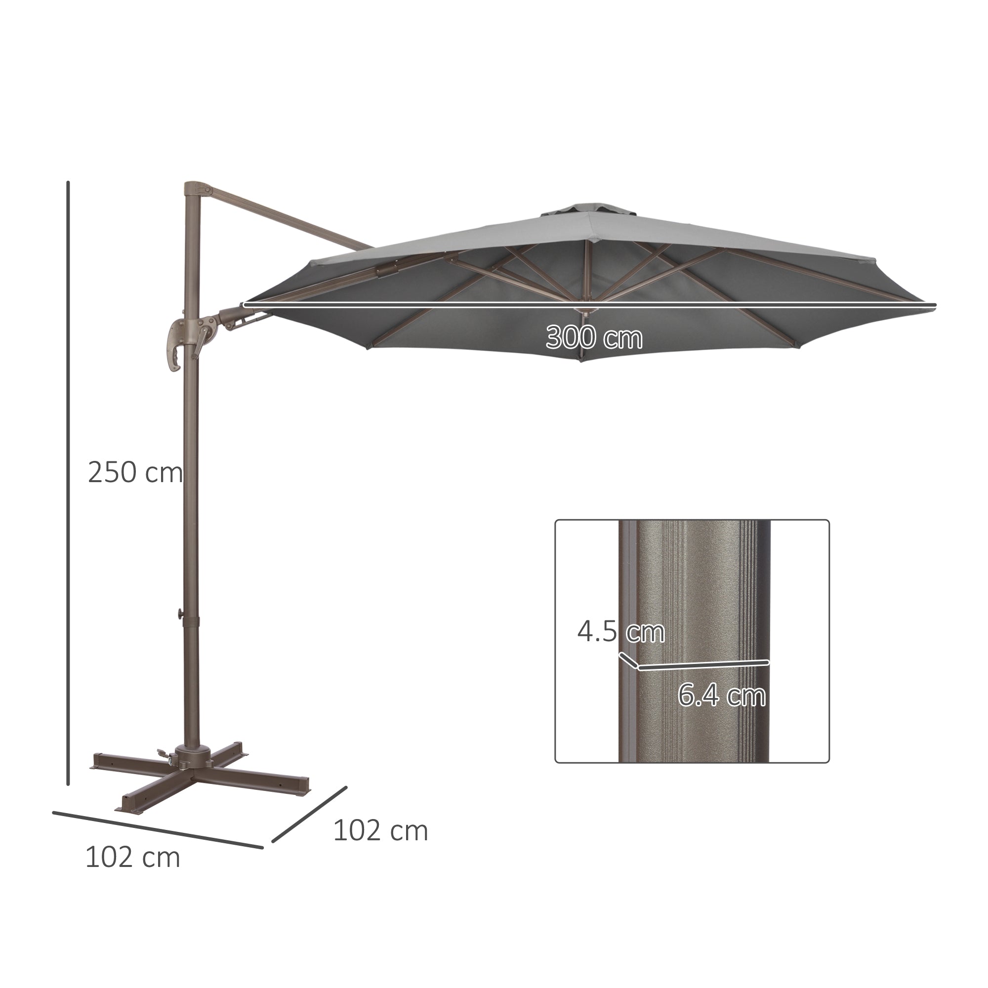 Outsunny 3(m) Cantilever Parasol 360° Rotation Roma Umbrella Hanging Sun Shade with Aluminium Frame, Tilt Crank, 8 Ribs and Cross Base, Dark Grey - North Peak Garden Furniture