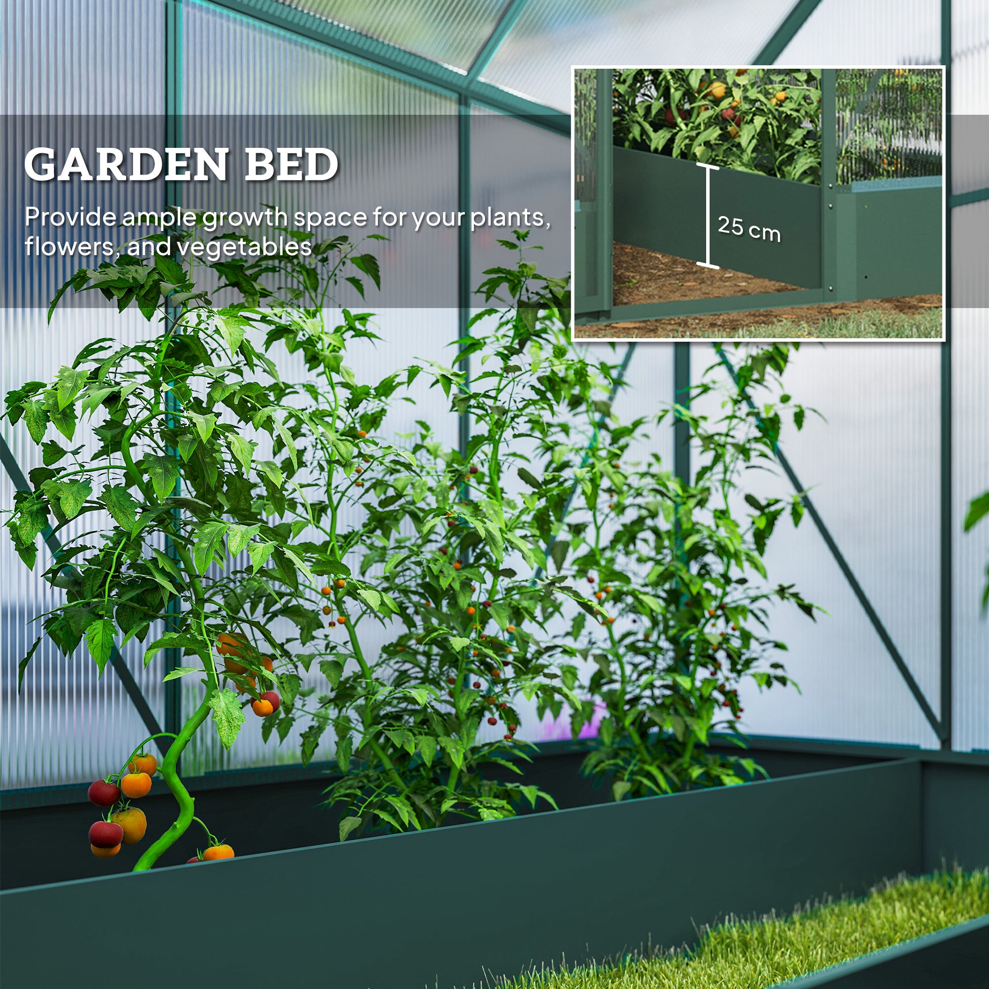 Outsunny Garden Walk-in Aluminium Greenhouse Polycarbonate with Plant Bed, Temperature Controlled Window, Foundation, 6 x 6ft