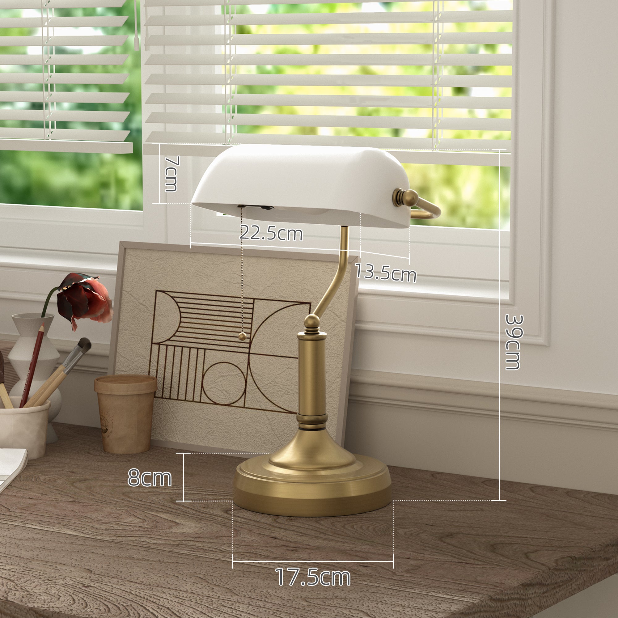 HOMCOM Banker's Desk Lamp with Antique Bronze Tone Base, Table Lamp with White Glass Shade for Home Office, White - North Peak Garden Furniture