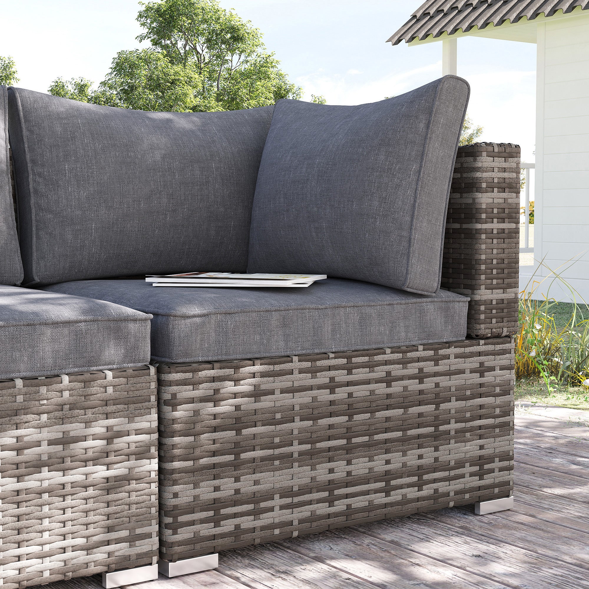 Outsunny Outdoor PE Rattan Corner Sofa, Garden Wicker Furniture Single Sofa Chair w/ Cushions, Deep Grey - North Peak Garden Furniture