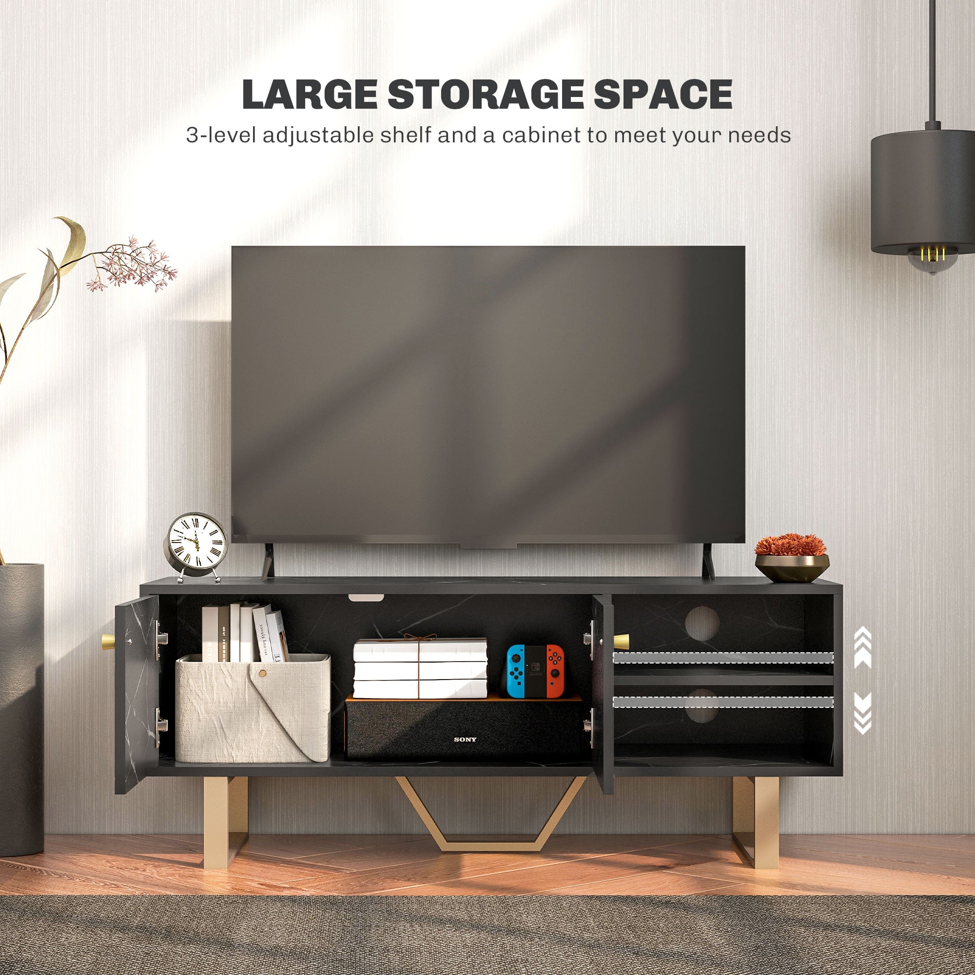 HOMCOM TV Stand Cabinet for TVs up to 50 Inches, TV Unit with Storage Shelves and Cupboard for Living Room, Black Marble Tone - North Peak Garden Furniture