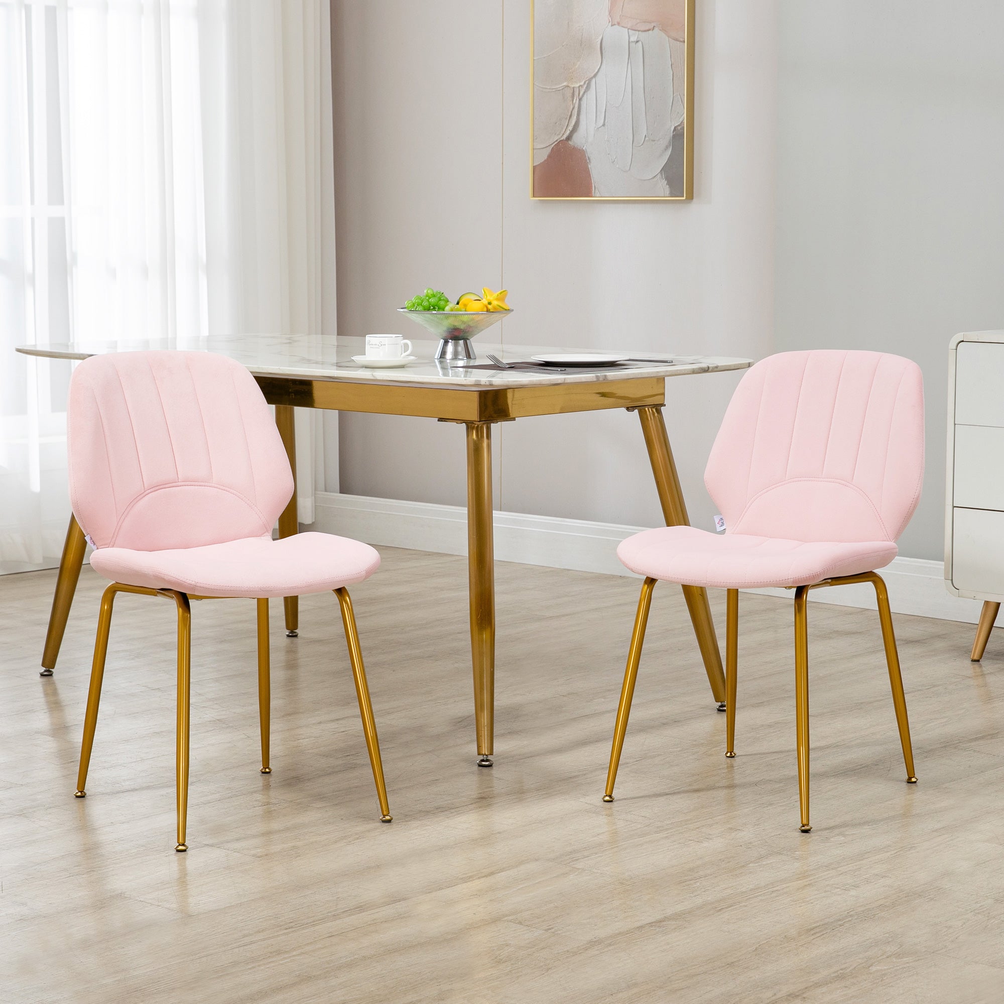 HOMCOM Velvet Dining Chairs Set of 2, 2 Piece Dining Room Chairs with Backrest, Padded Seat and Steel Legs, Pink - North Peak Garden Furniture