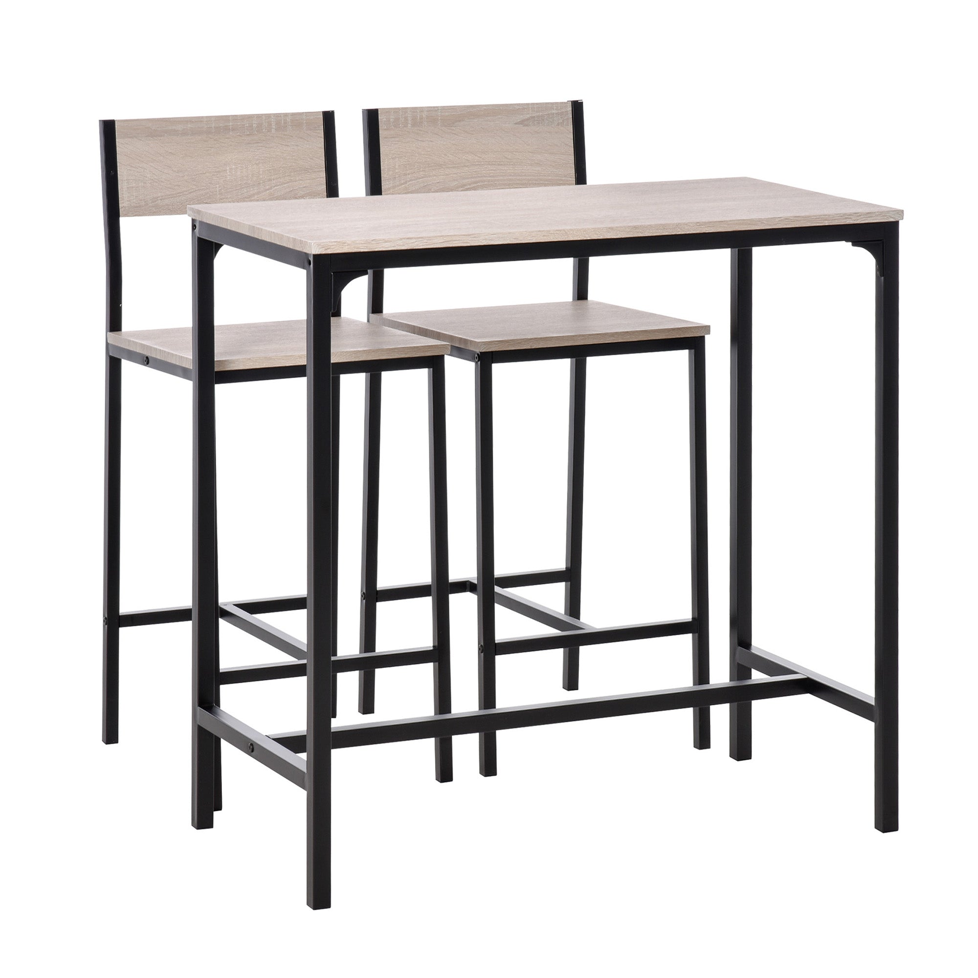 HOMCOM 3 Pcs Table Stool Set Industrial Design w/ Metal Frame Oak Tone MDF Panels Minimal Compact Beautiful - North Peak Garden Furniture