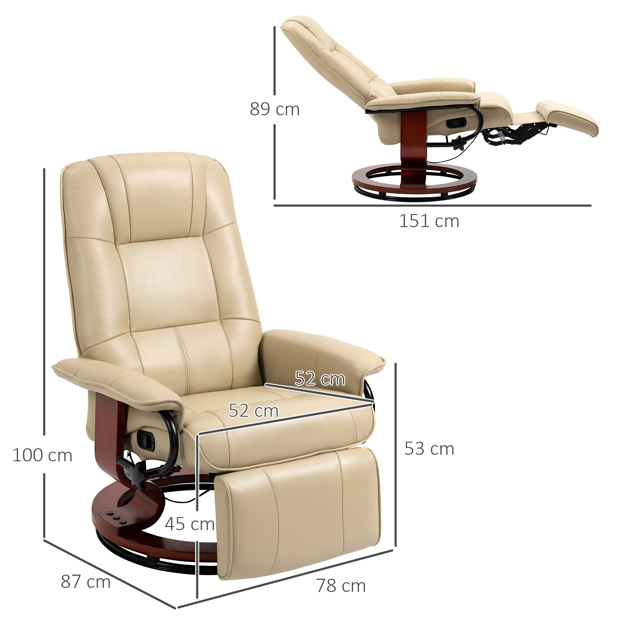 HOMCOM Faux Leather Armchair, with 145° Reclining Back and Footrest - Cream - North Peak Garden Furniture