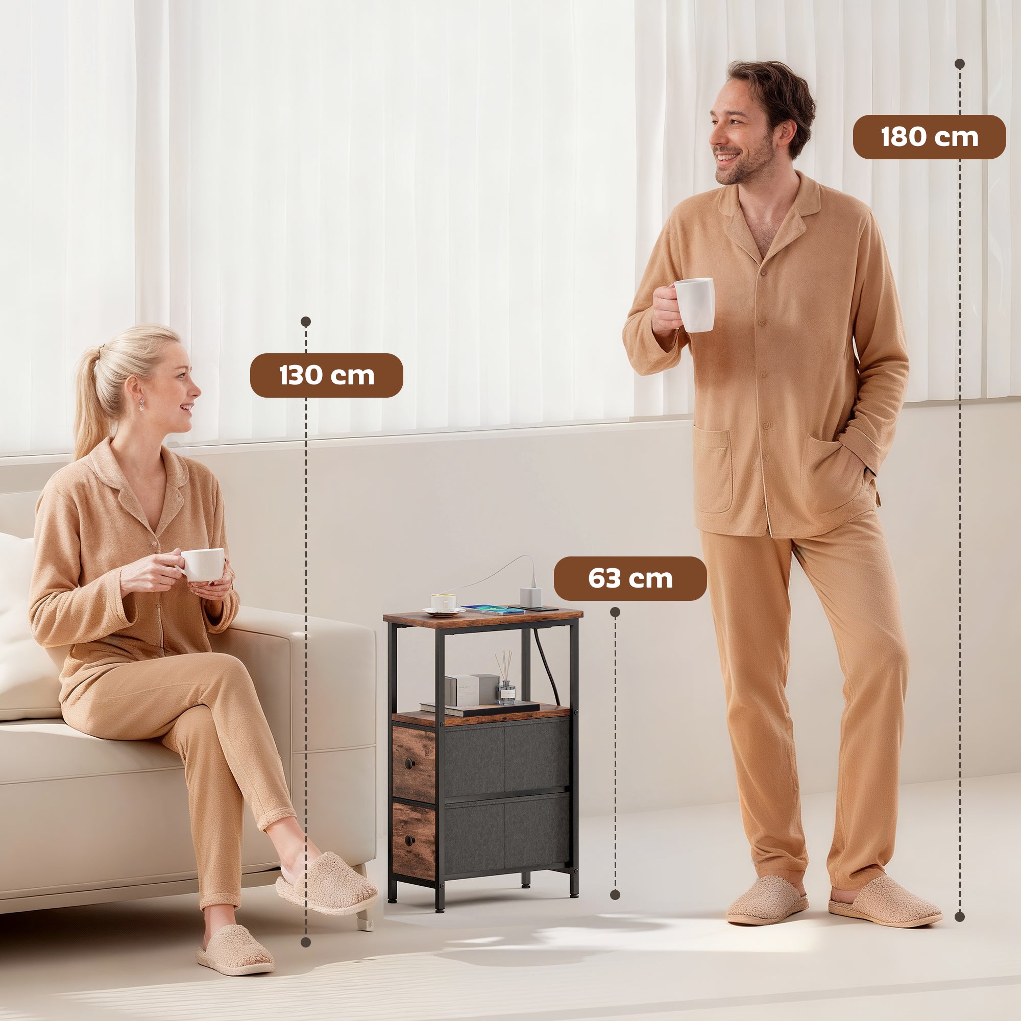 HOMCOM Side Table, Narrow Bedside Table with Charging Station, 2 Drawers, AC Outlet and 2 USB Ports for Living Room, Bedroom