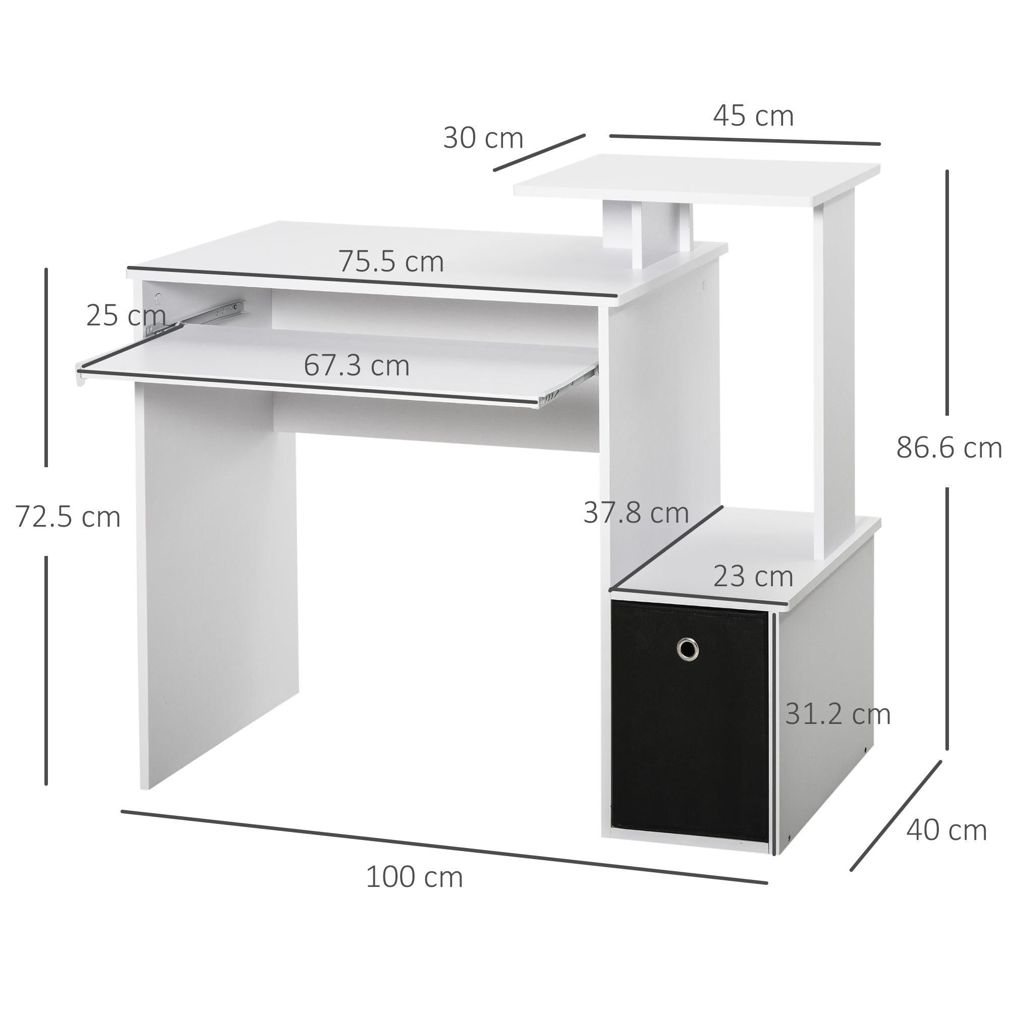HOMCOM Computer Desk with Sliding Keyboard Tray Storage Drawer Shelf Home Office Workstation White - North Peak Garden Furniture