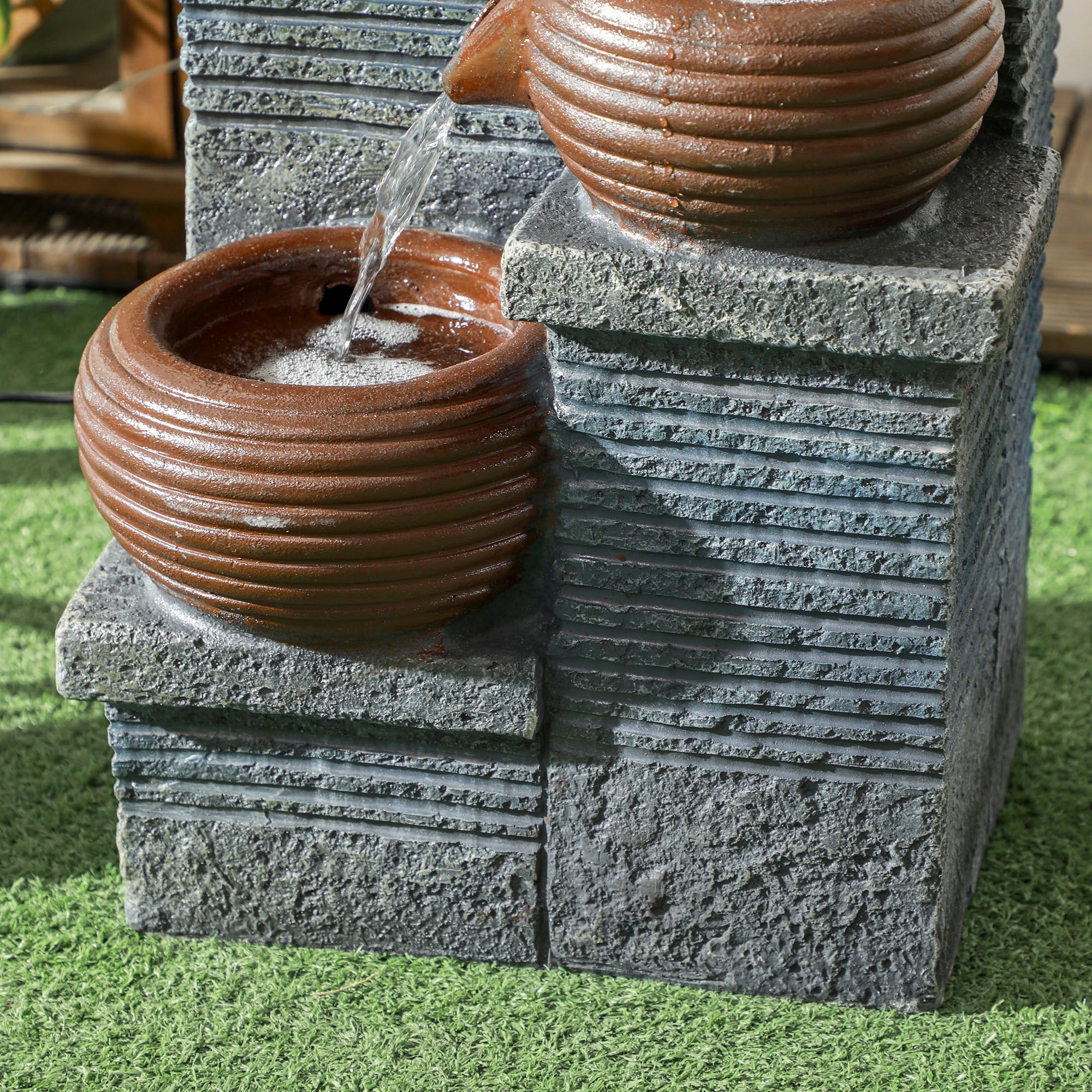 Outsunny Solar Powered Garden Water Feature with LED Lights and Pump, 4 Tier Cascading Water Fountain for Indoor/Outdoor, Bowls Waterfall Ornament, 58cm Height - North Peak Garden Furniture