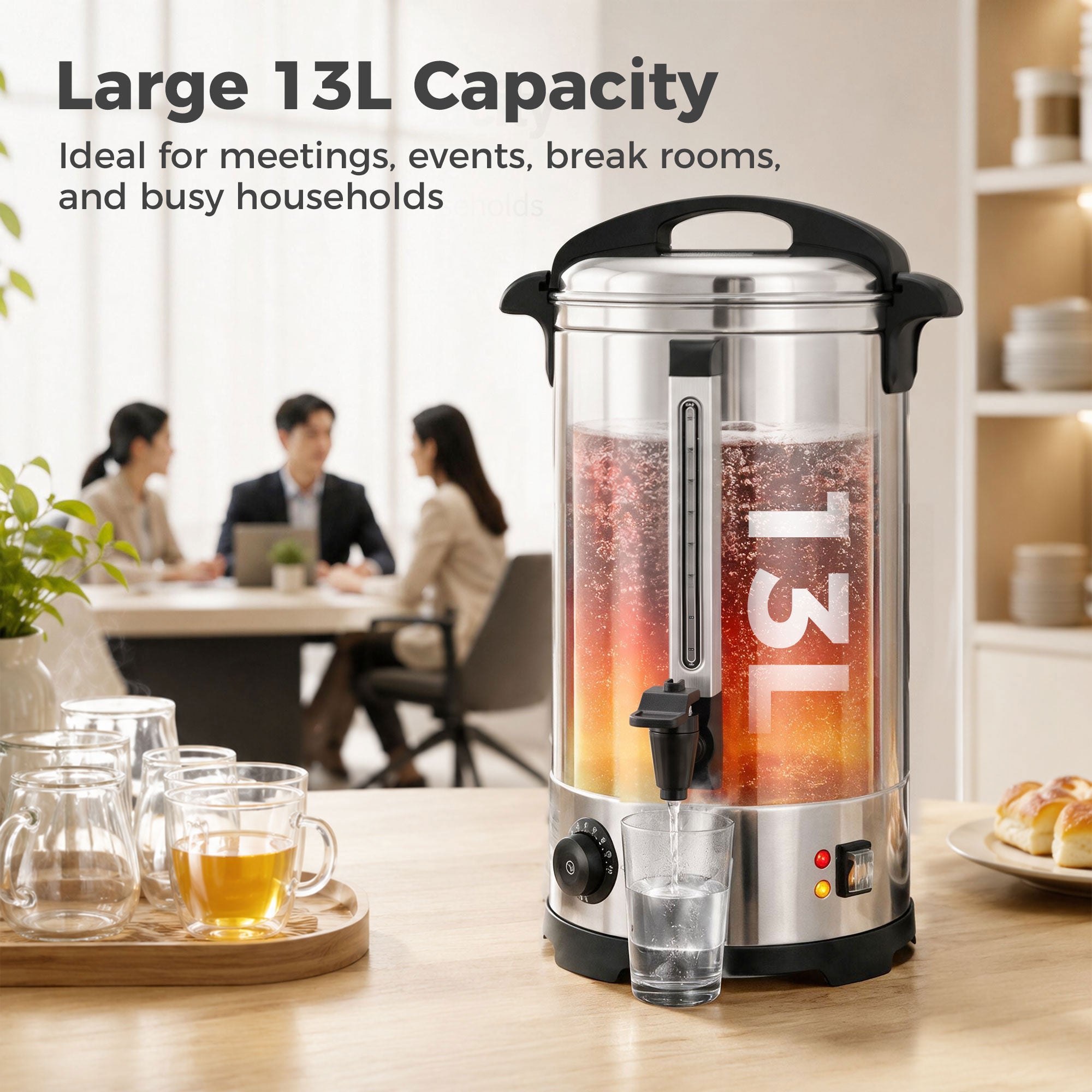 HOMCOM 13L Catering Urn, 2500W Stainless Steel Hot Water Boiler Dispenser with Thermostat, Keep Warm Function and Easy Pour Tap